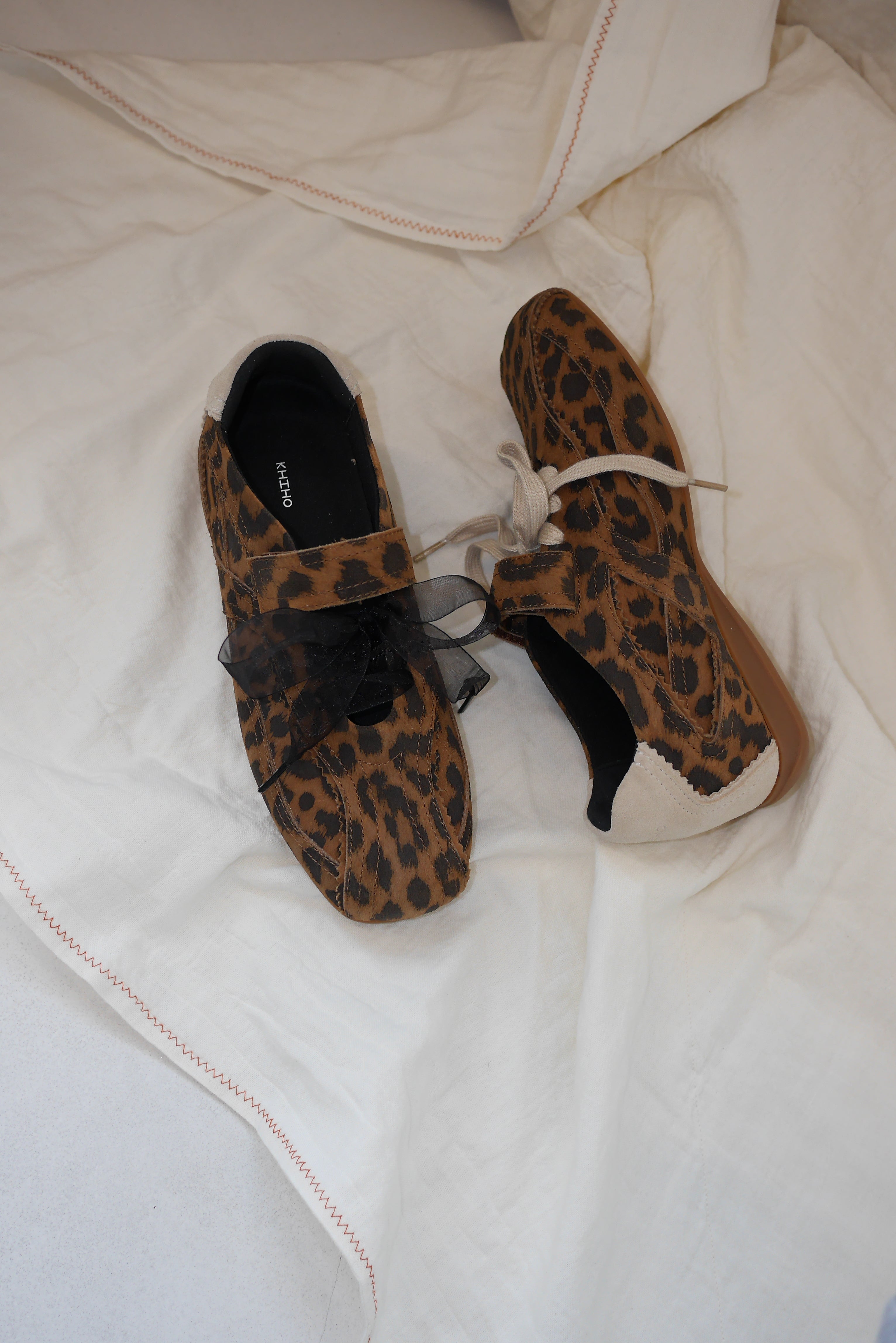 Leopard print mary jane style sneakers made by Korean brand KHIHO, for sale at Shim House