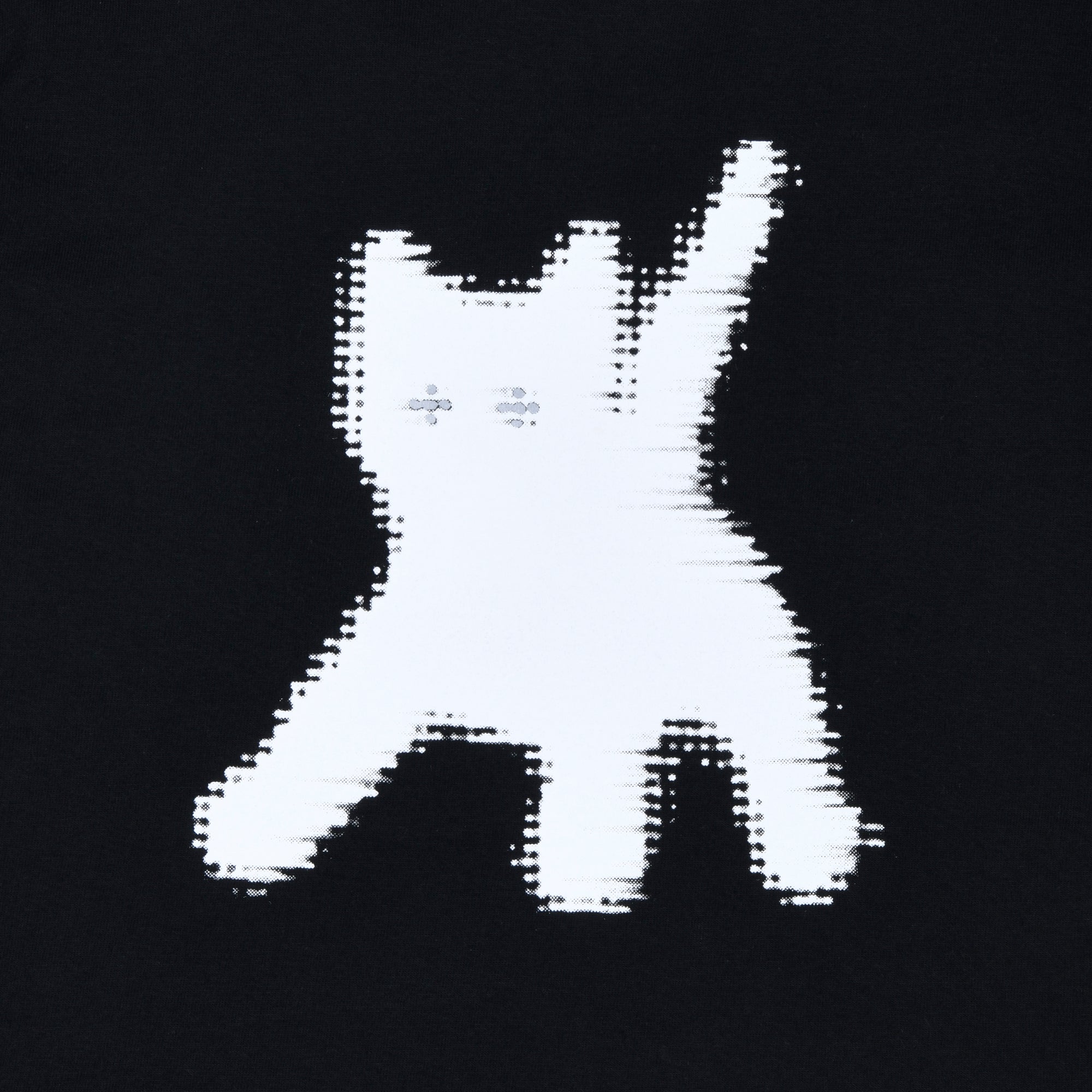 A close up view on a cropped black t-shirt with a white cat print on the front from Korean brand aeae, for sale at Shim House