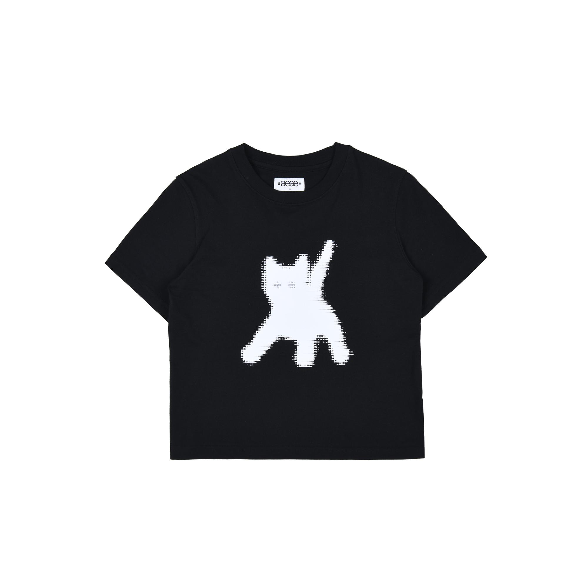 A cropped black t-shirt with a white cat print on the front from Korean brand aeae, for sale at Shim House