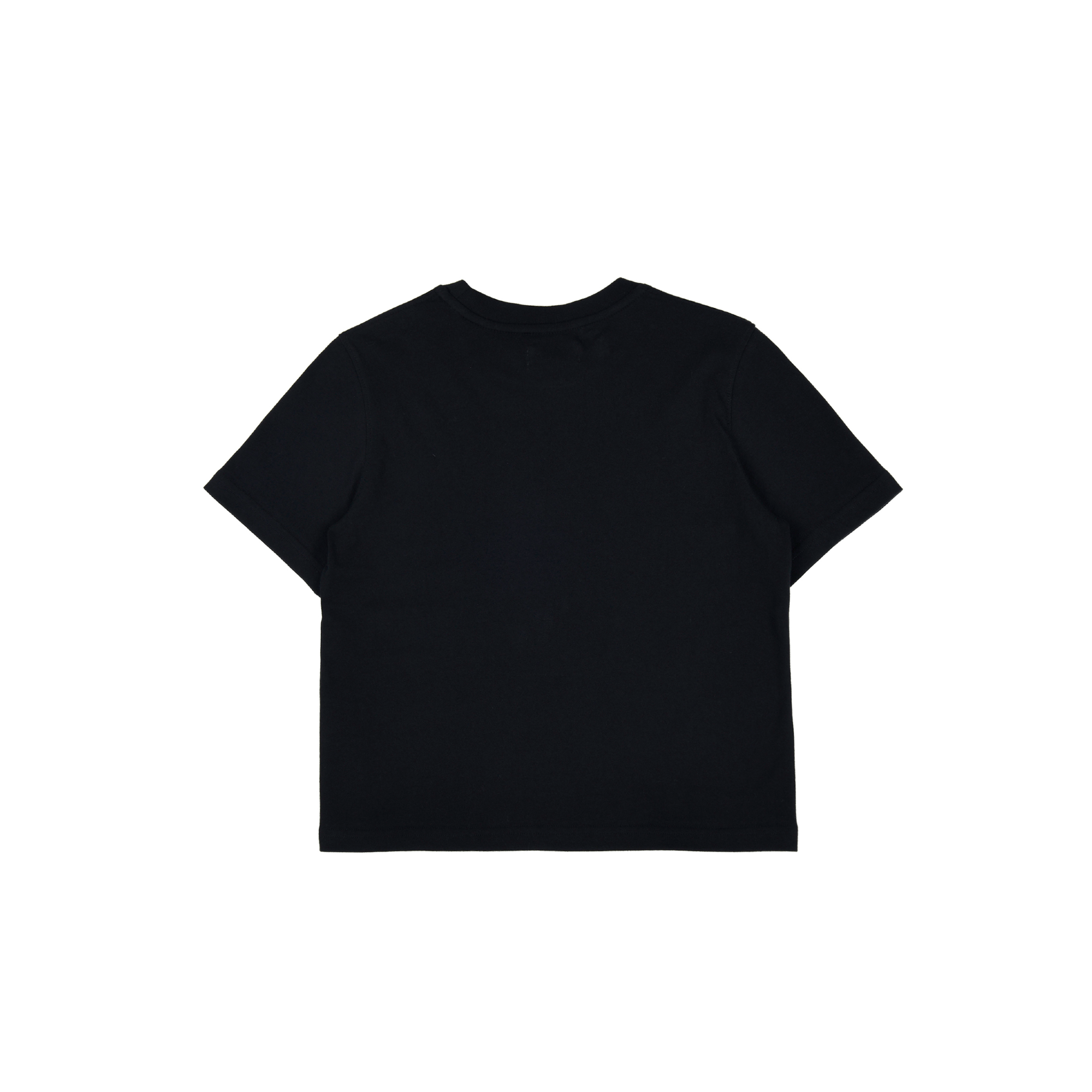 The back of a cropped black t-shirt with a white cat print on the front from Korean brand aeae, for sale at Shim House