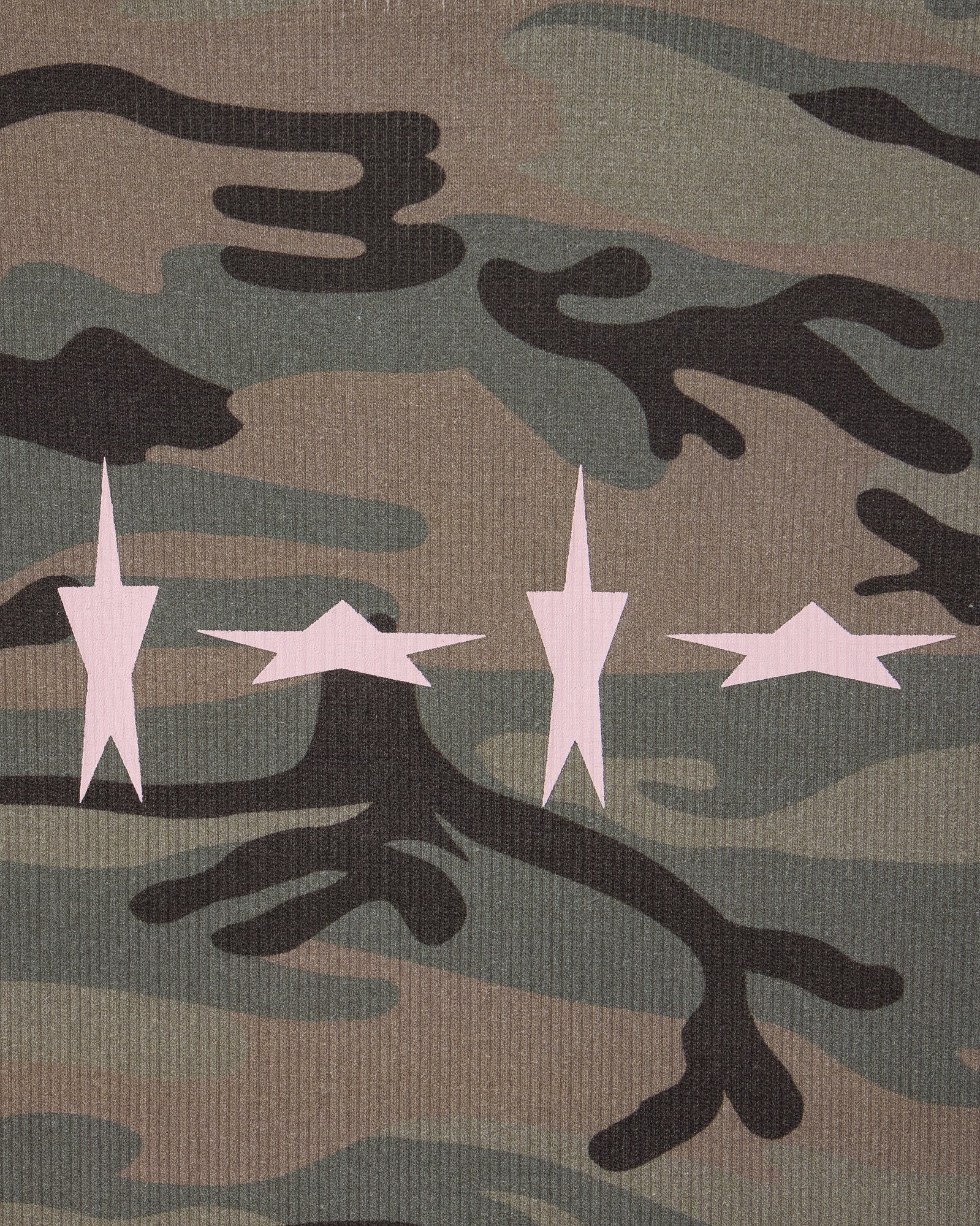 A close up of a fitted camouflage print t-shirt from Korean brand aeae, with four pink stars printed on the front, for sale at Shim House
