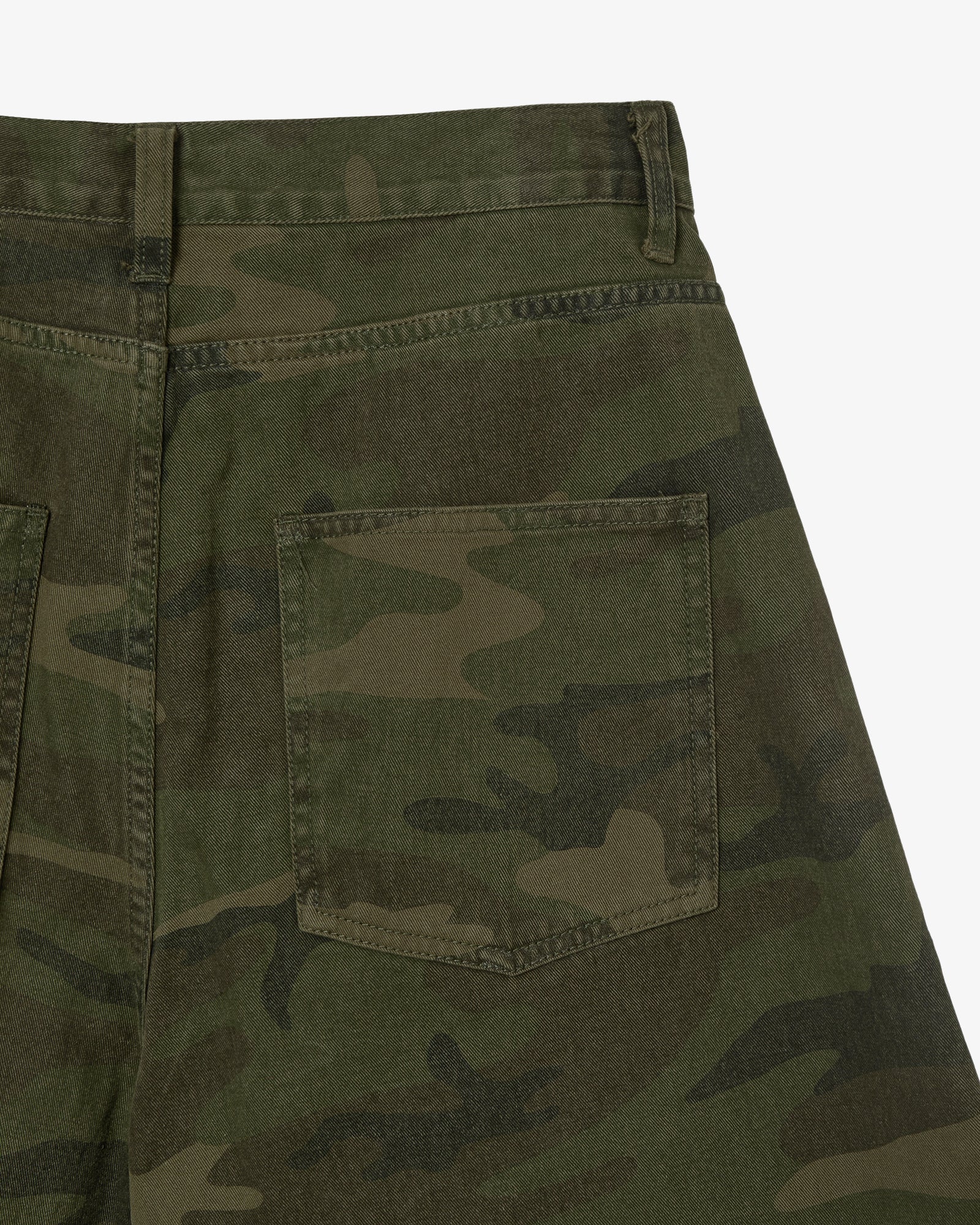 The back side pocket of a pair of shorts in a camouflage print with silver studs on the side seams from Korean brand aeae, for sale at Shim House