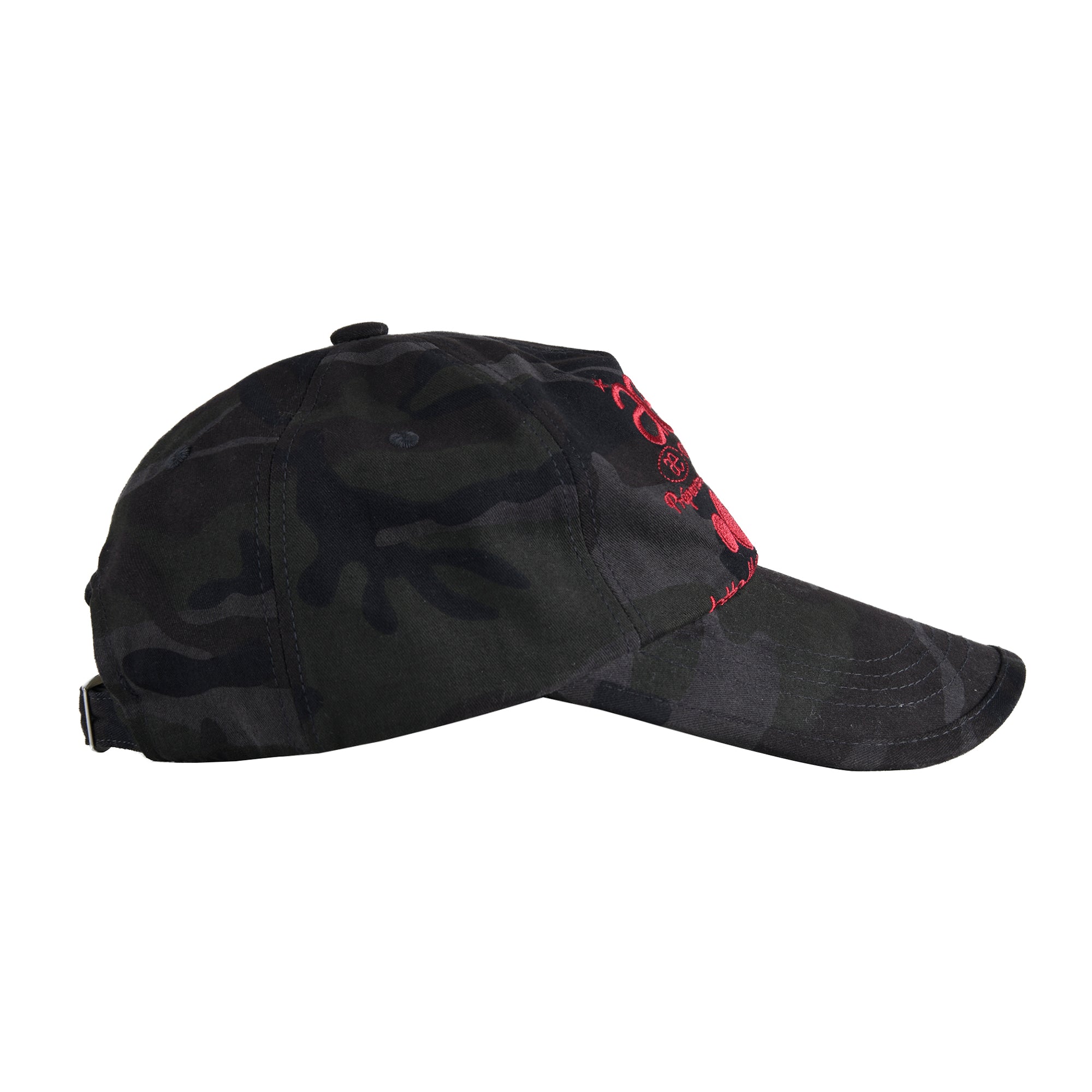 The side of a 5 panel hat in a black camouflage print with red embroidery from Korean brand aeae, for sale at Shim House