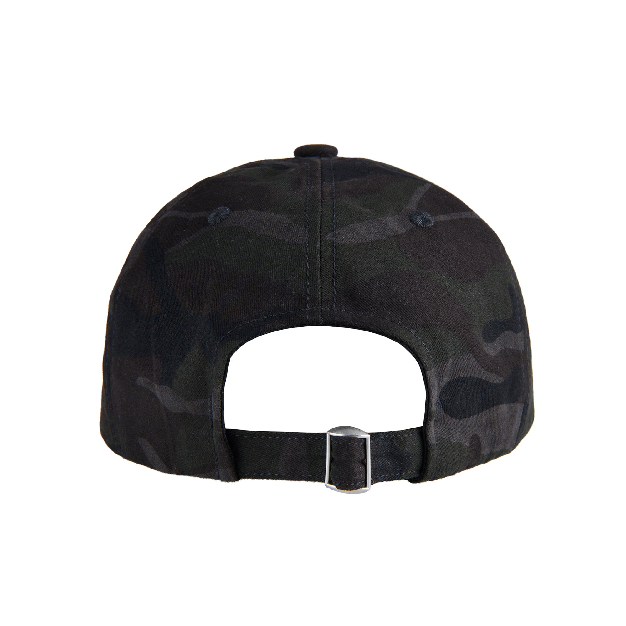 The back of a 5 panel hat in a black camouflage print with red embroidery from Korean brand aeae, for sale at Shim House