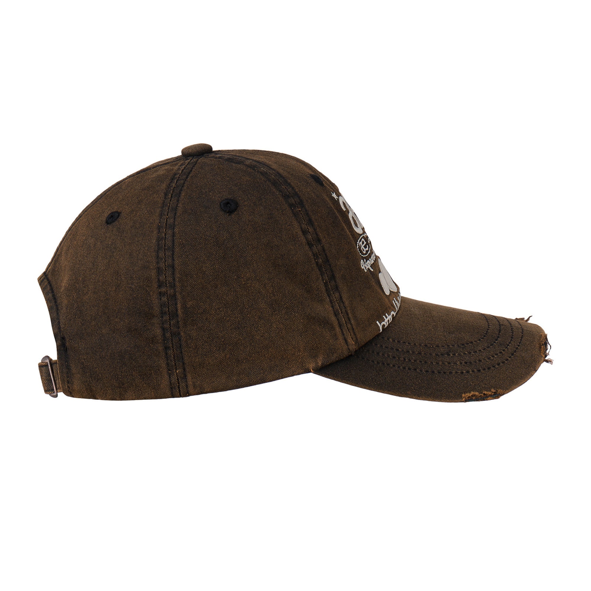 Brown cap from Korean brand aeae with distressed details and signature web logo design embroidery, for sale at Shim House