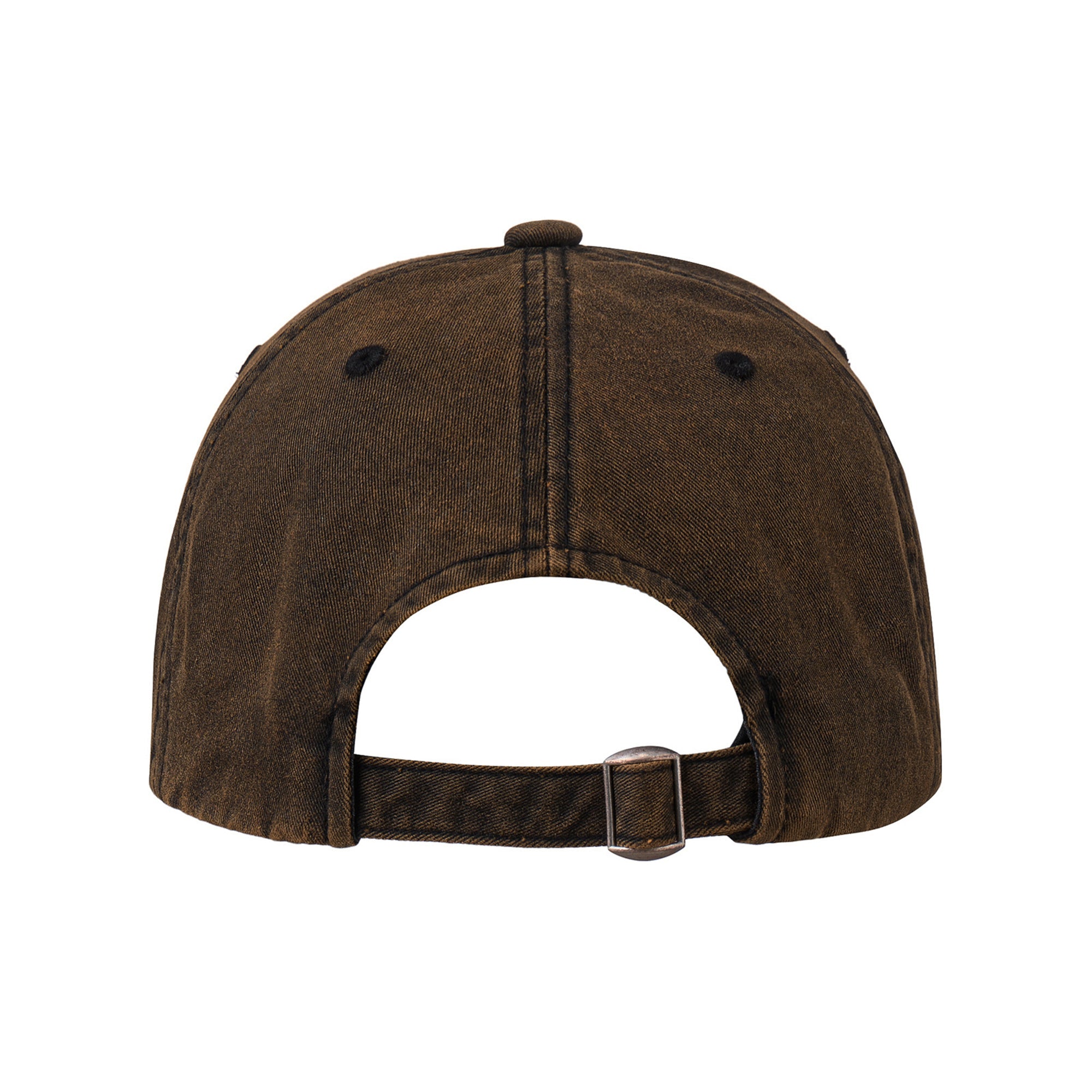 back of brown cap from Korean brand aeae with distressed details and signature web logo design embroidery, for sale at Shim House
