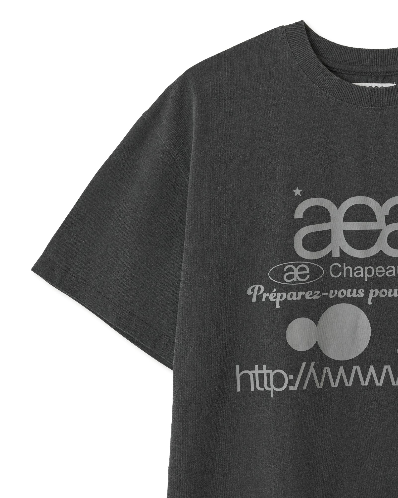 A close up image of a pigment black short sleeve t-shirt from Korean brand aeae with signature web logo design print in a light grey colour, for sale at Shim House