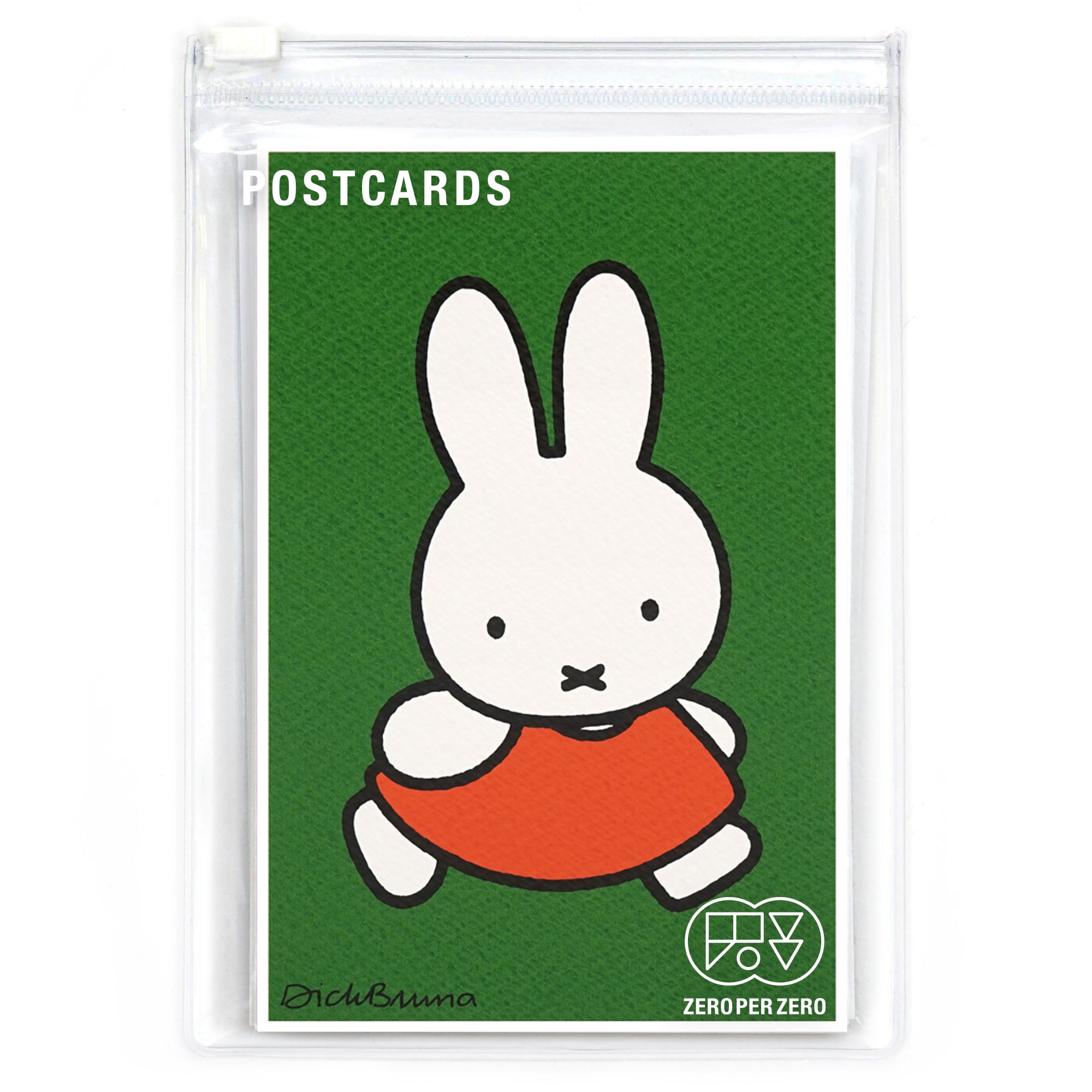 A Postcard set of Miffy in a red outfit walking on a green background, packaged in clear PVC, printed by Korean brand Zero Per Zero, and for sale at Shim House