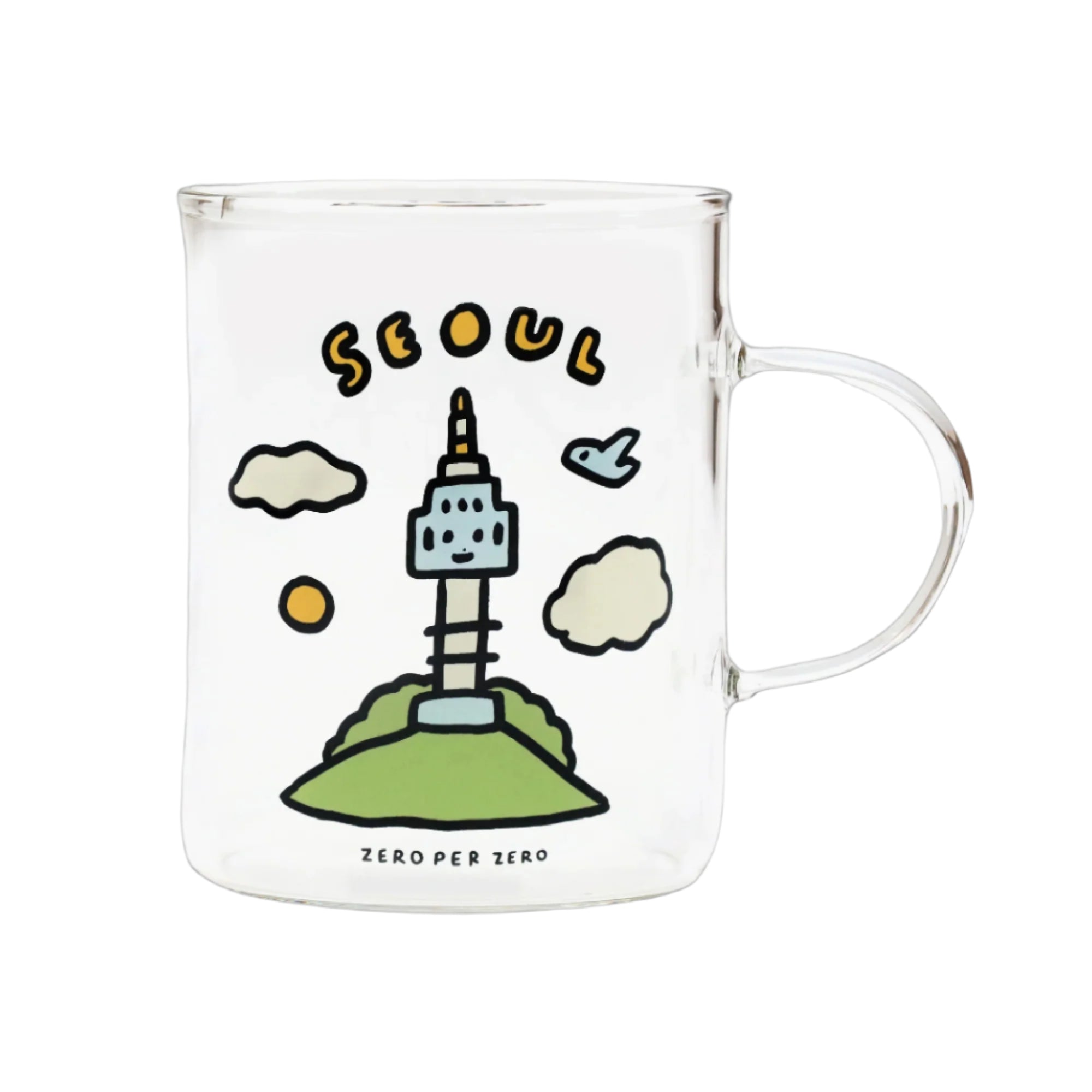 A glass drinking cup with a handle that has a colorful print of the N Seoul tower on it, created by Korean brand Zero Per Zero and for sale at Shim House