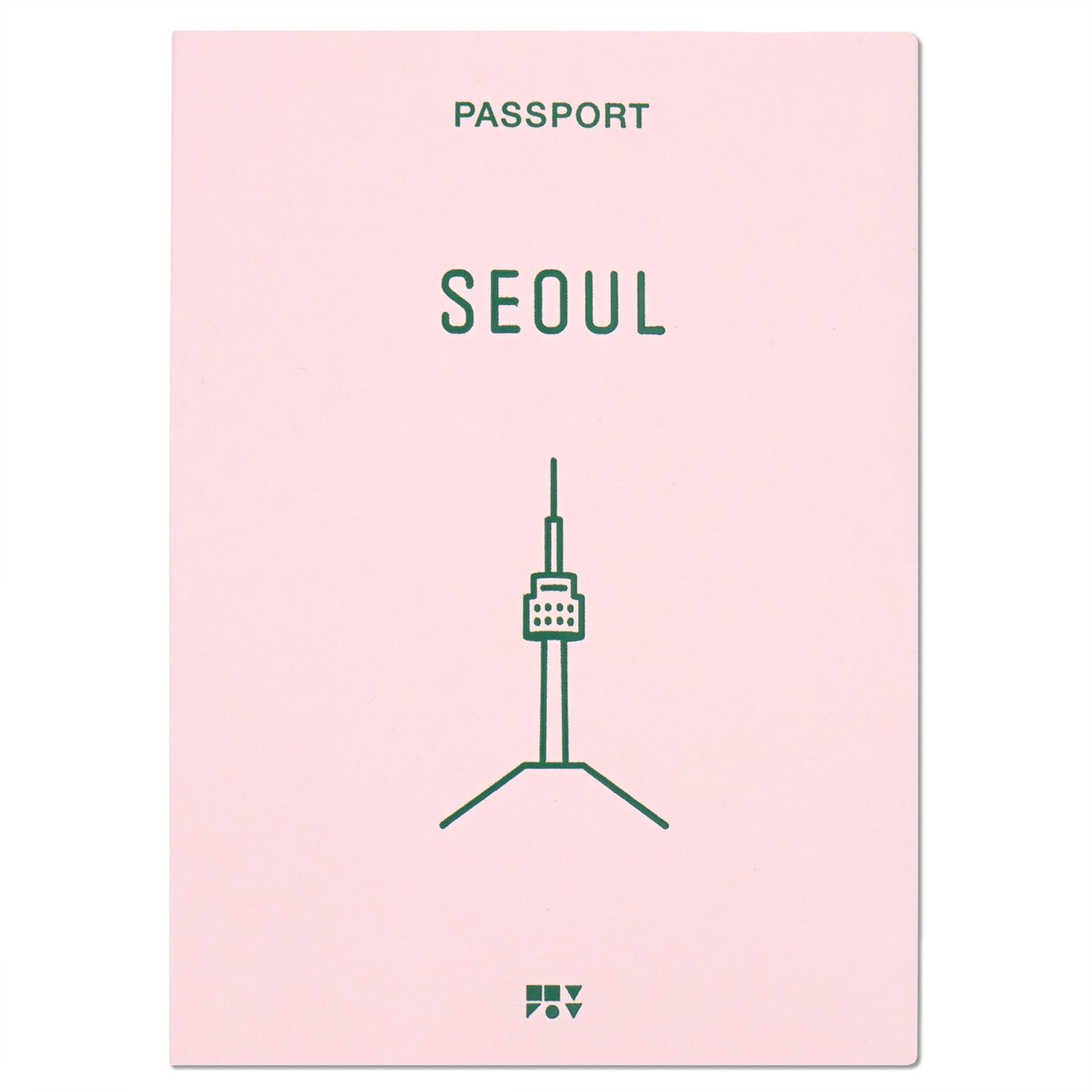 An pink paper passport cover that has a green drawing of the N Seoul tower on the front, created by Korean brand Zero Per Zero and for sale at Shim House