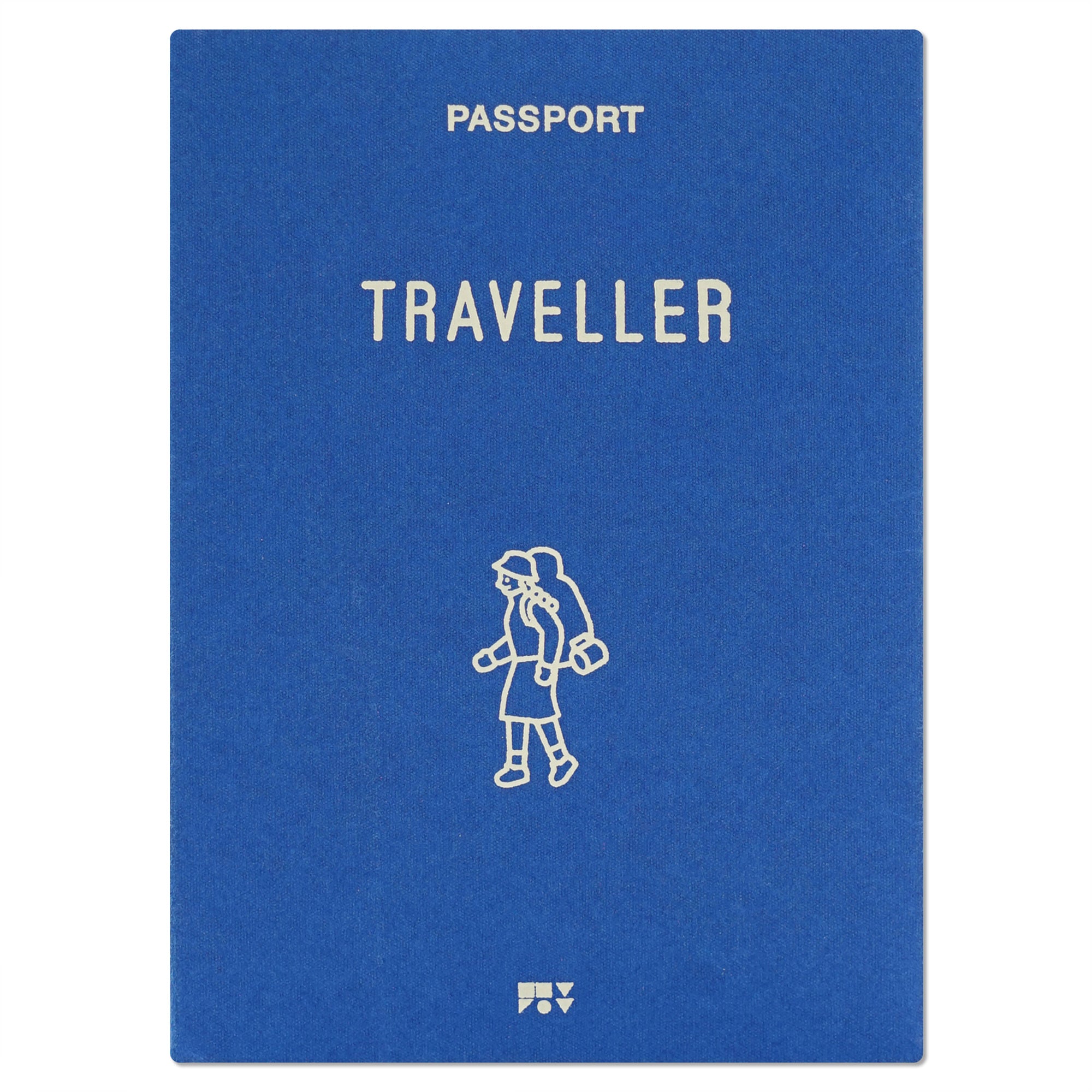 The front of a blue paper passport cover that has a drawing of a traveler on the front, created by Korean brand Zero Per Zero and for sale at Shim House