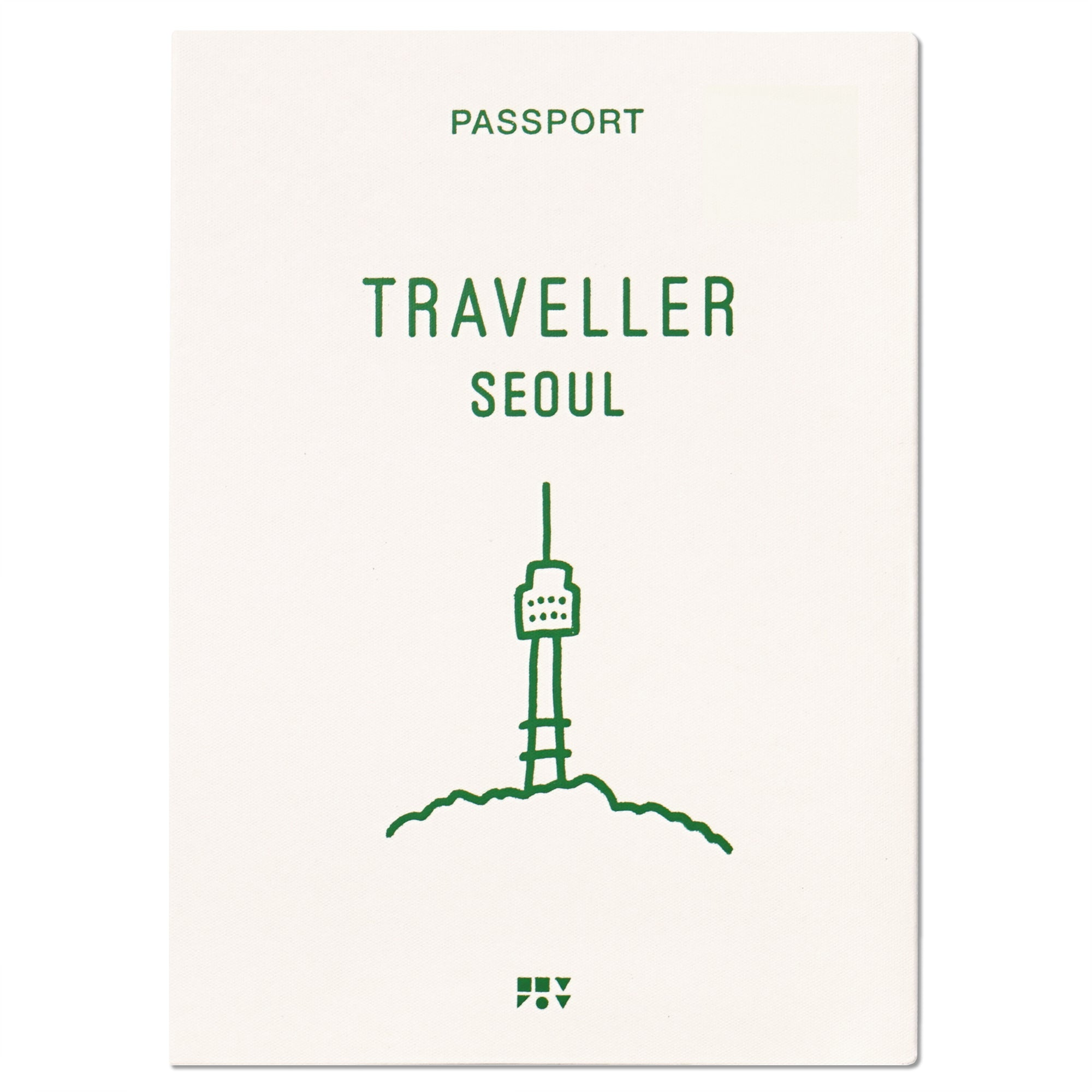 An off white paper passport cover that has a green drawing of the N Seoul tower on the front, created by Korean brand Zero Per Zero and for sale at Shim House
