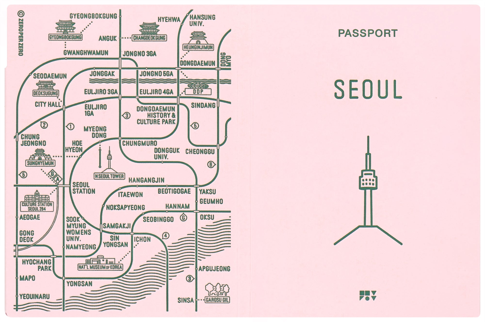 An off white paper passport cover that has a green drawing of the N Seoul tower on the front and a map of the city on the back, created by Korean brand Zero Per Zero and for sale at Shim House