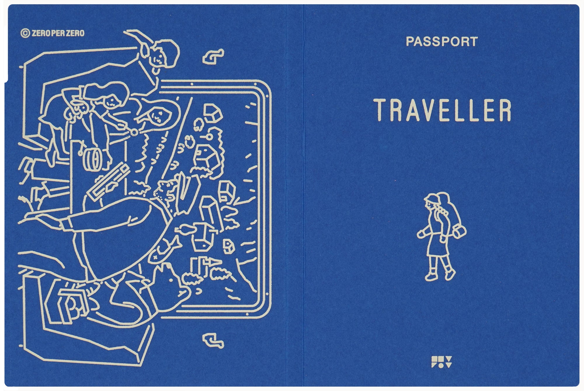 A blue paper passport cover that has a drawing of a traveler on the front, created by Korean brand Zero Per Zero and for sale at Shim House