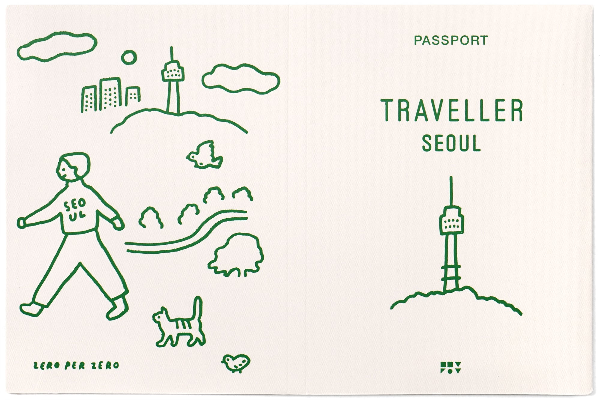 An off white paper passport cover that has a green drawing of the N Seoul tower on the front and someone walking on the back, created by Korean brand Zero Per Zero and for sale at Shim House
