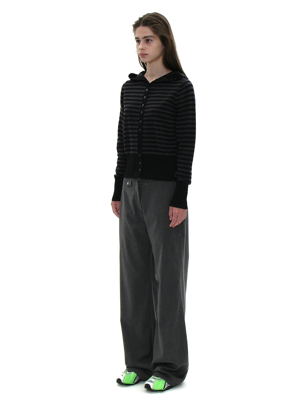 Black stripe hooded cardigan side view PARTIMENTO WOMEN Korean brand