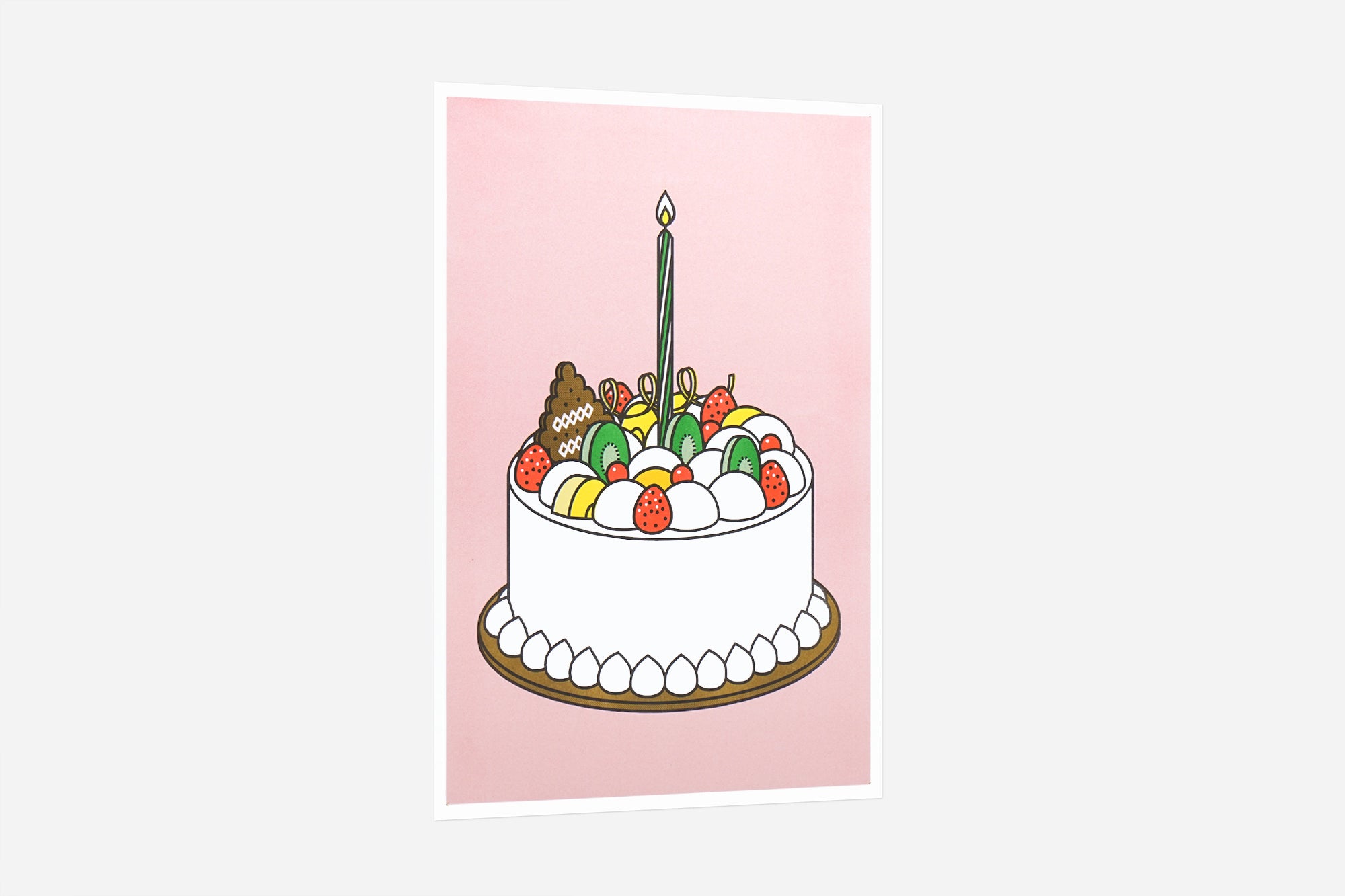 An A3 sized poster of a painted birthday cake with a candle on a pink background, created by Korean brand Zero Per Zero and for sale at Shim House