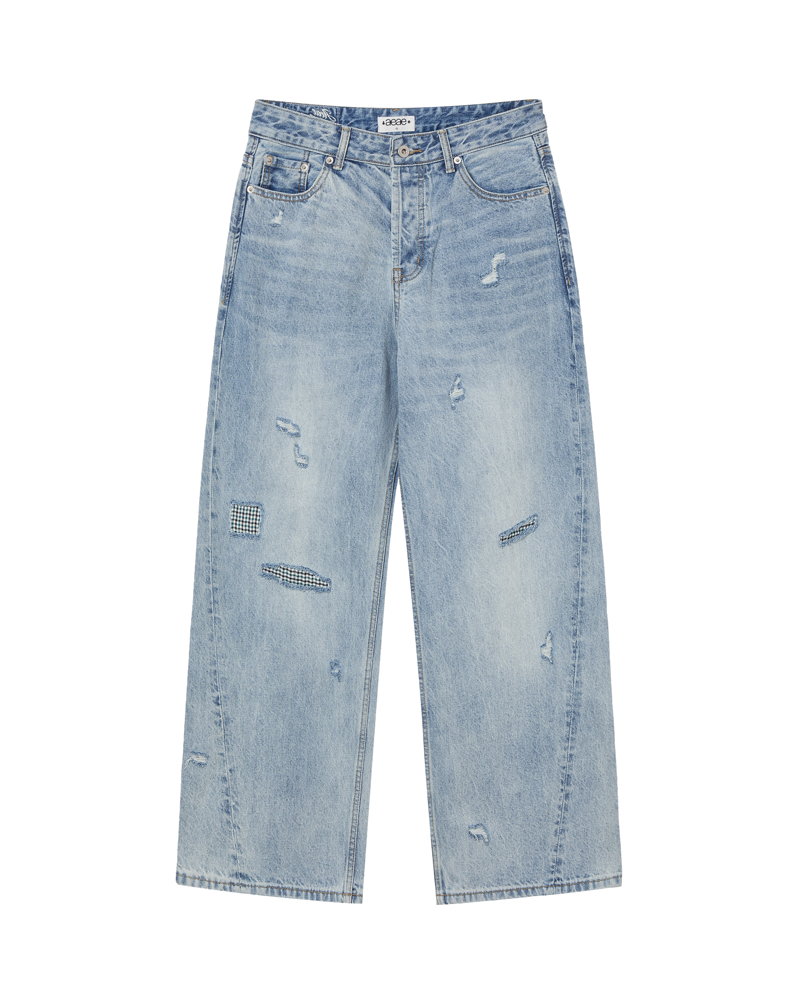 Light blue denim pants with small rips on the front in a baggy fit from Korean brand aeae, for sale at Shim House