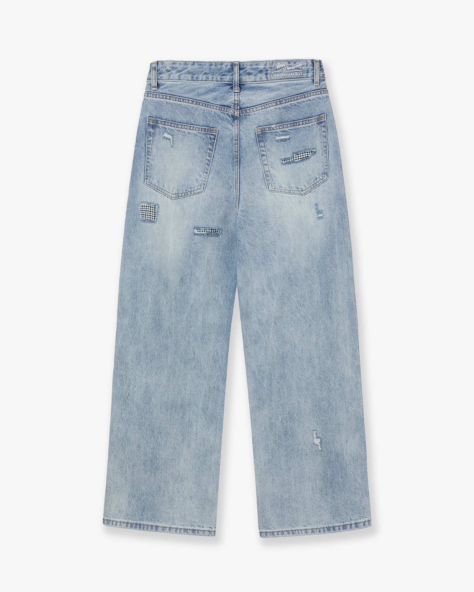 The back of light blue denim pants with small rips on the back in a baggy fit from Korean brand aeae, for sale at Shim House