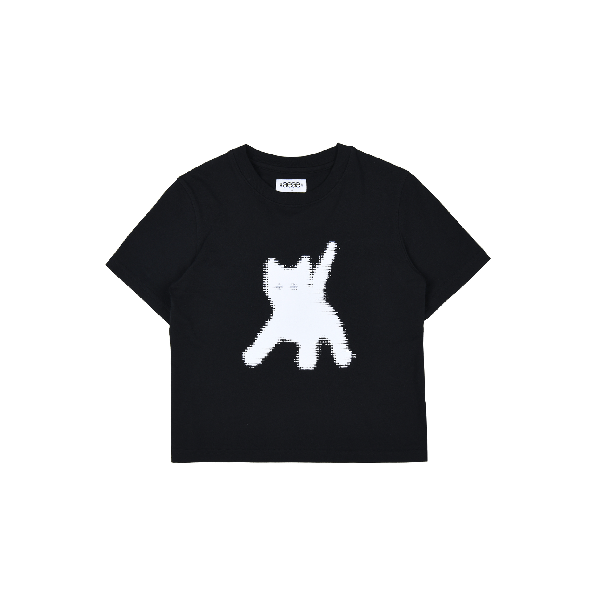 A cropped black t-shirt with a white cat print on the front from Korean brand aeae, for sale at Shim House