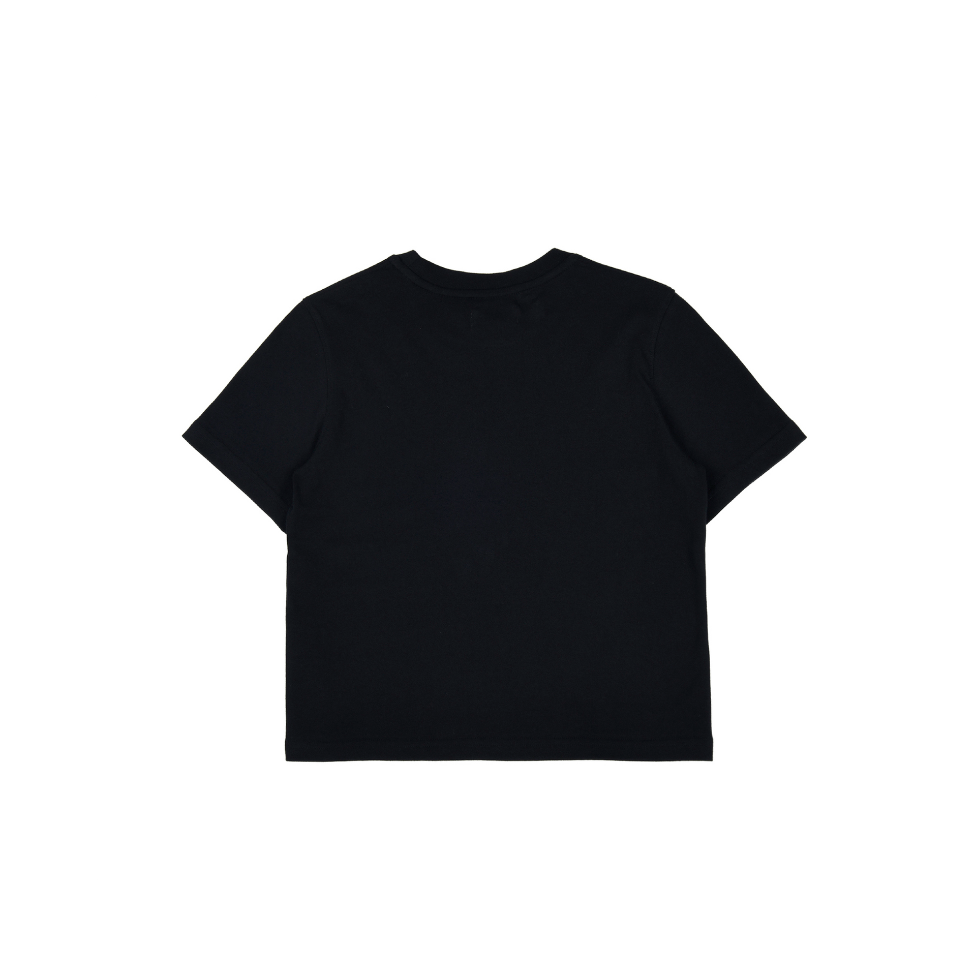 The back of a cropped black t-shirt with a white cat print on the front from Korean brand aeae, for sale at Shim House