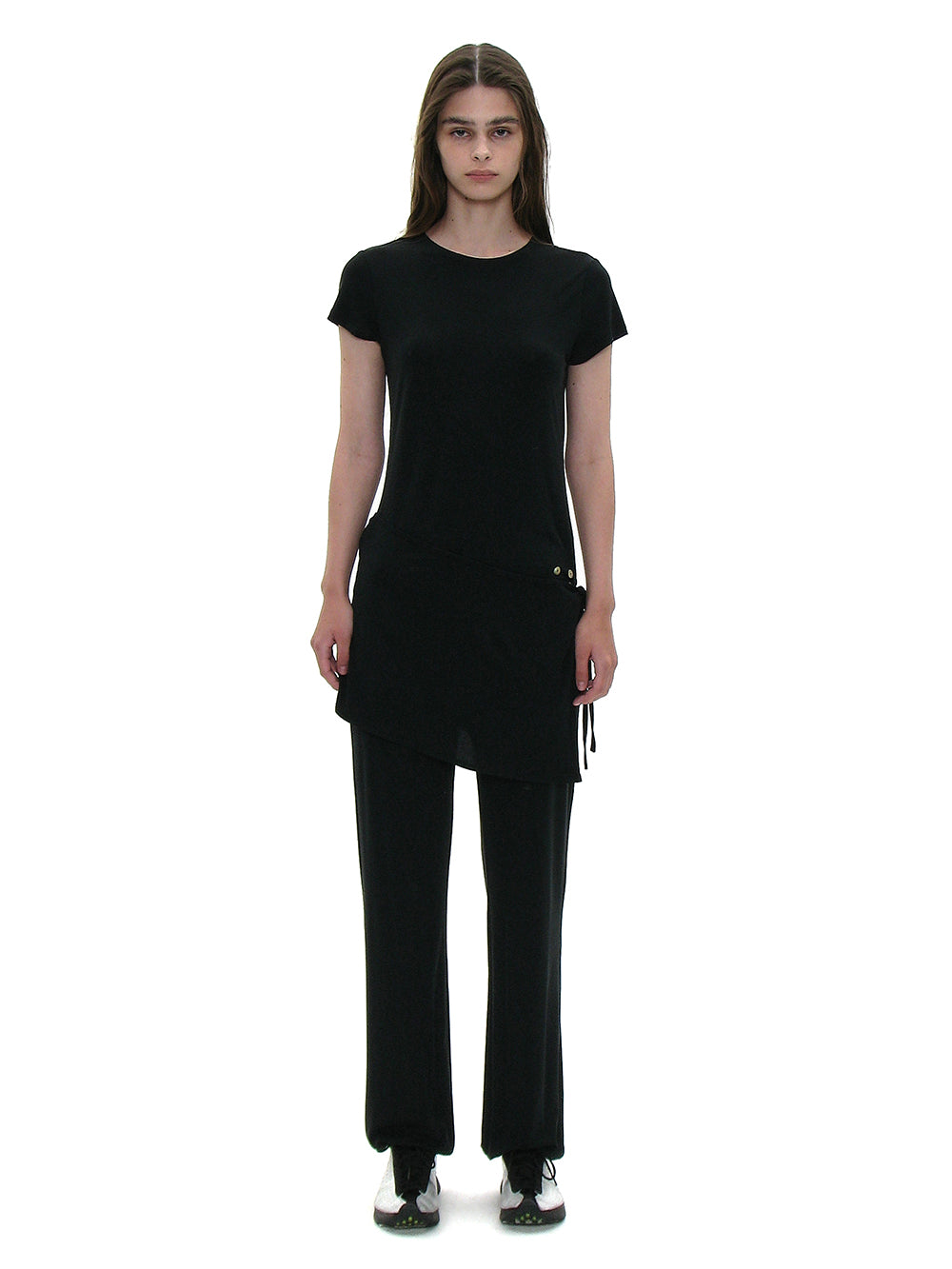 Black multiway wrap skirt top styled on model PARTIMENTO WOMEN Korea