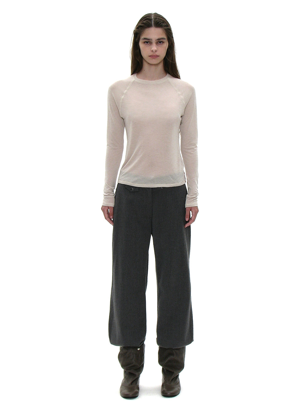 Ecru sheer raglan long sleeve tee styled on model PARTIMENTO WOMEN Korea