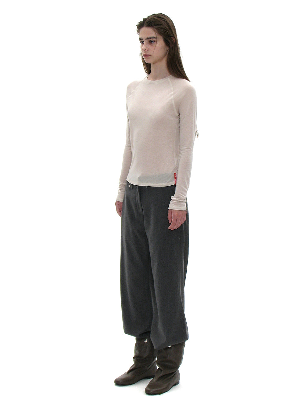 Ecru sheer raglan long sleeve tee styled on model PARTIMENTO WOMEN Korea