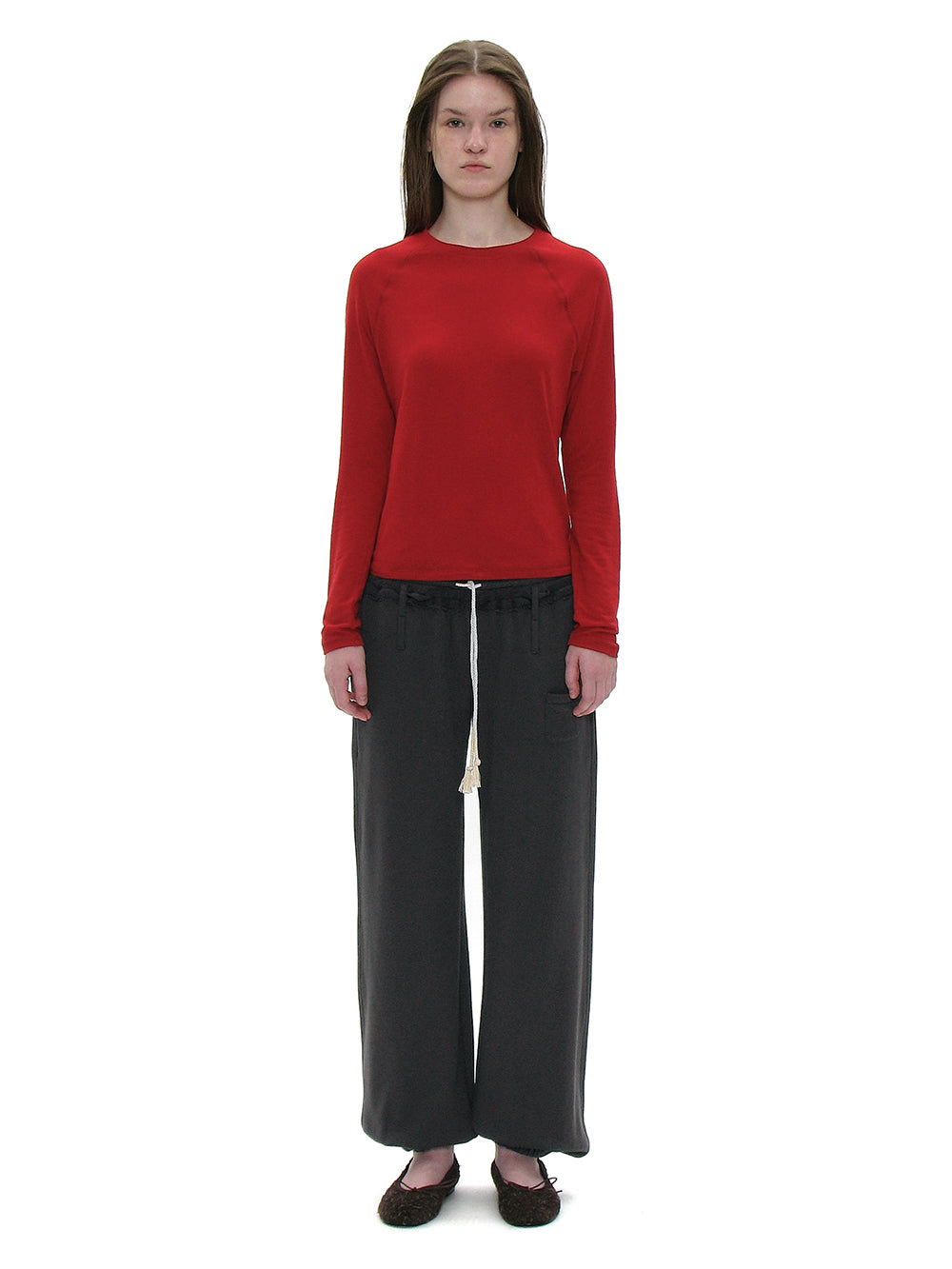 Deep red sheer raglan long sleeve tee styled on model PARTIMENTO WOMEN Korea