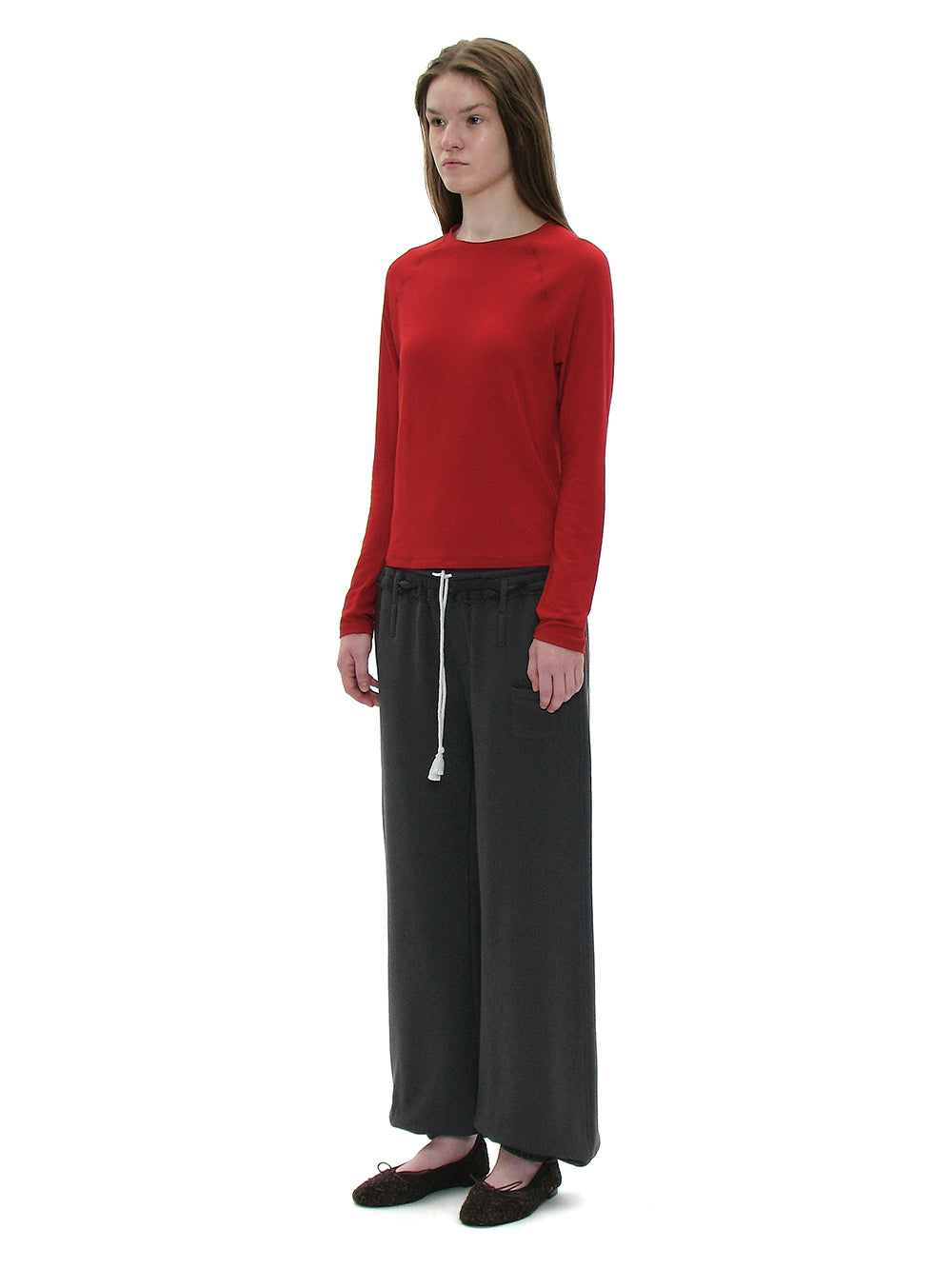 Deep red sheer raglan long sleeve tee styled on model PARTIMENTO WOMEN Korea