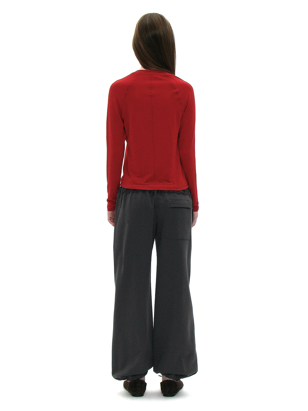 Deep red sheer raglan long sleeve tee styled on model PARTIMENTO WOMEN Korea