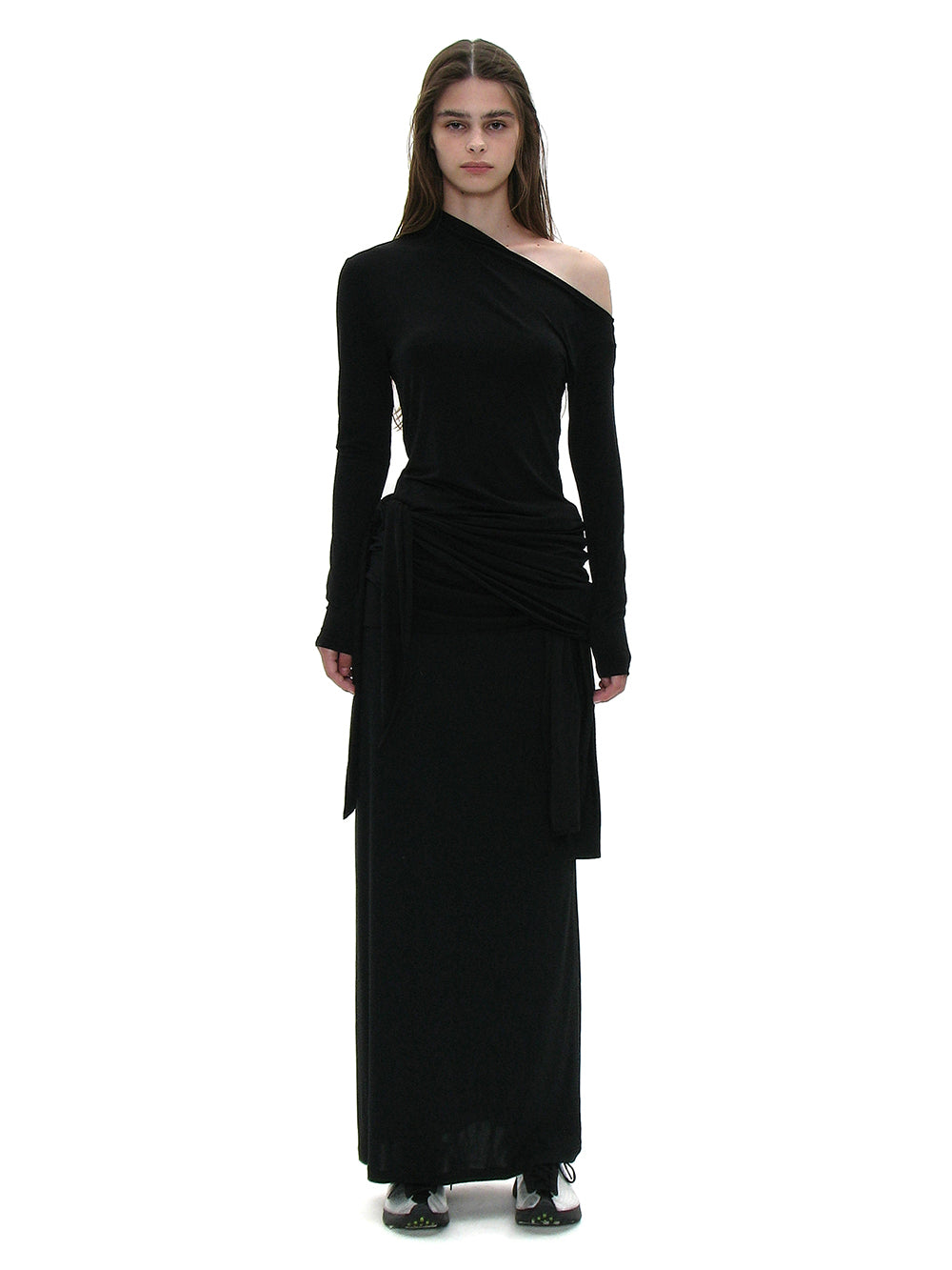 Black bowtie wrap top styled on model PARTIMENTO WOMEN Korean fashion