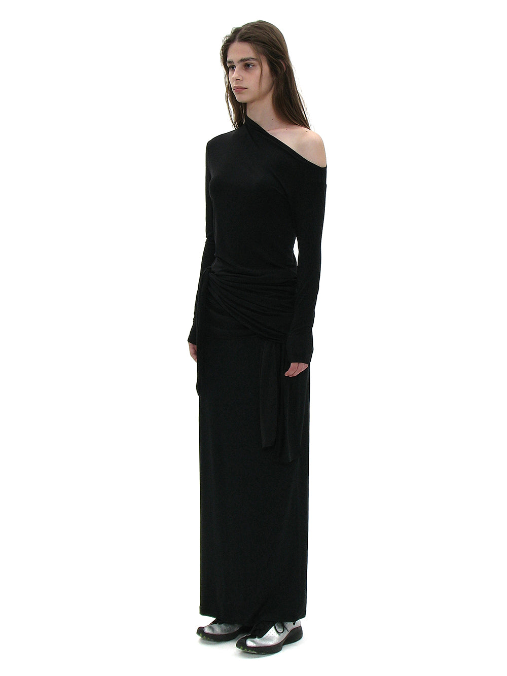 Black bowtie wrap top styled on model PARTIMENTO WOMEN Korean fashion