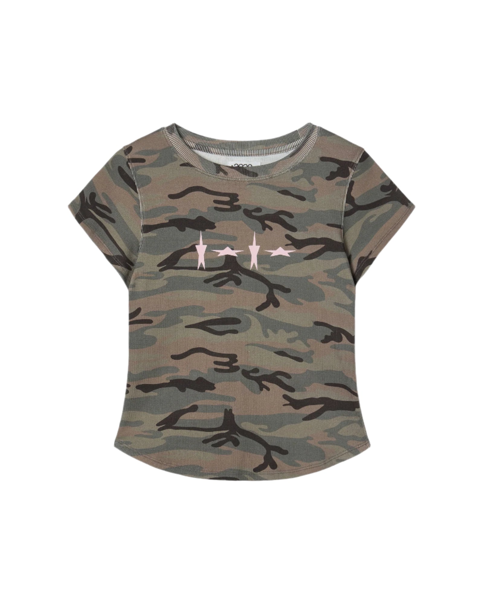 A fitted camouflage print t-shirt from Korean brand aeae, with four pink stars printed on the front, for sale at Shim House