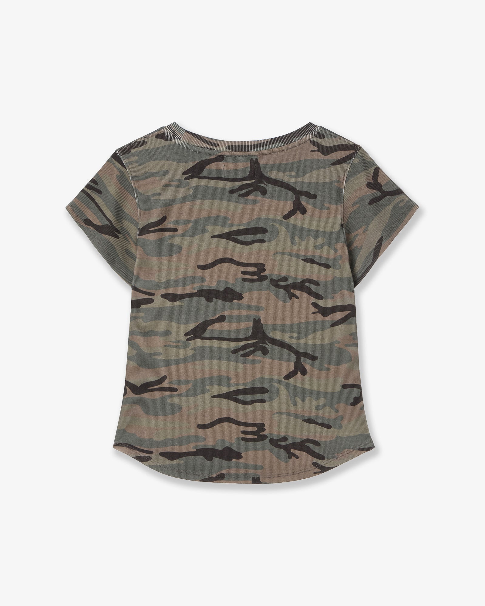 The back of a fitted camouflage print t-shirt from Korean brand aeae, with four pink stars printed on the front, for sale at Shim House