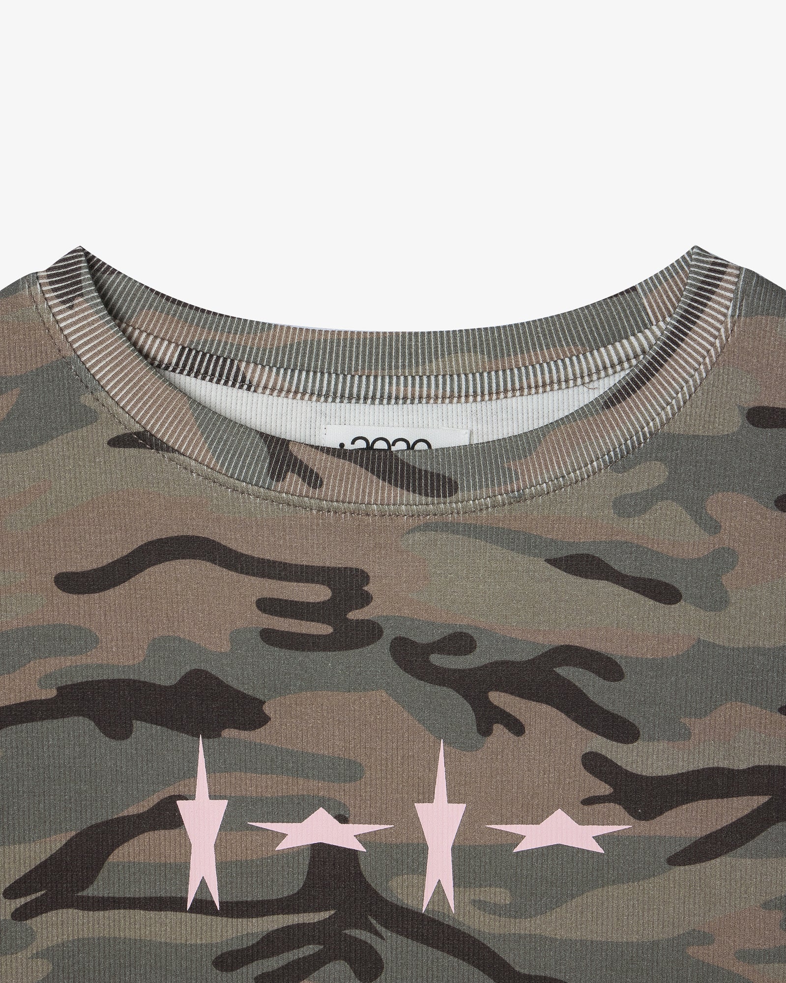 A close up on the neckline of a fitted camouflage print t-shirt from Korean brand aeae, with four pink stars printed on the front, for sale at Shim House