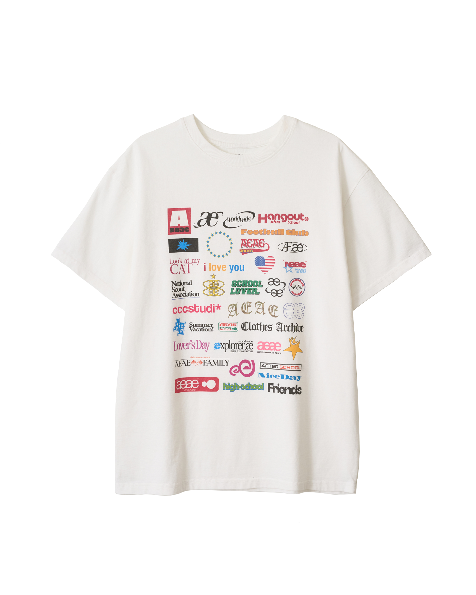 A white t-shirt from Korean brand aeae with a colorful sticker style print on the front, for sale at Shim House