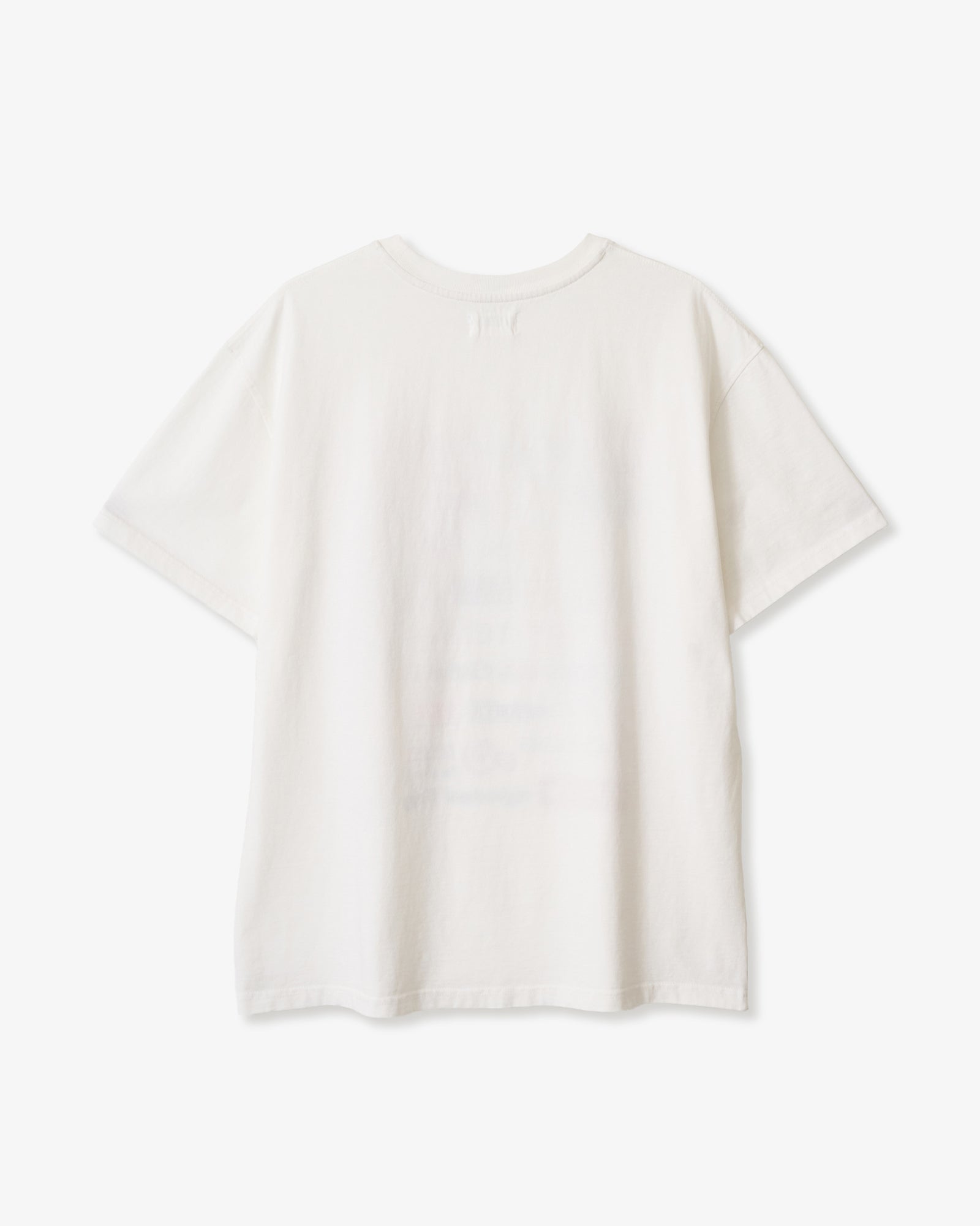 The back of a white t-shirt from Korean brand aeae with a colorful sticker style print on the front, for sale at Shim House