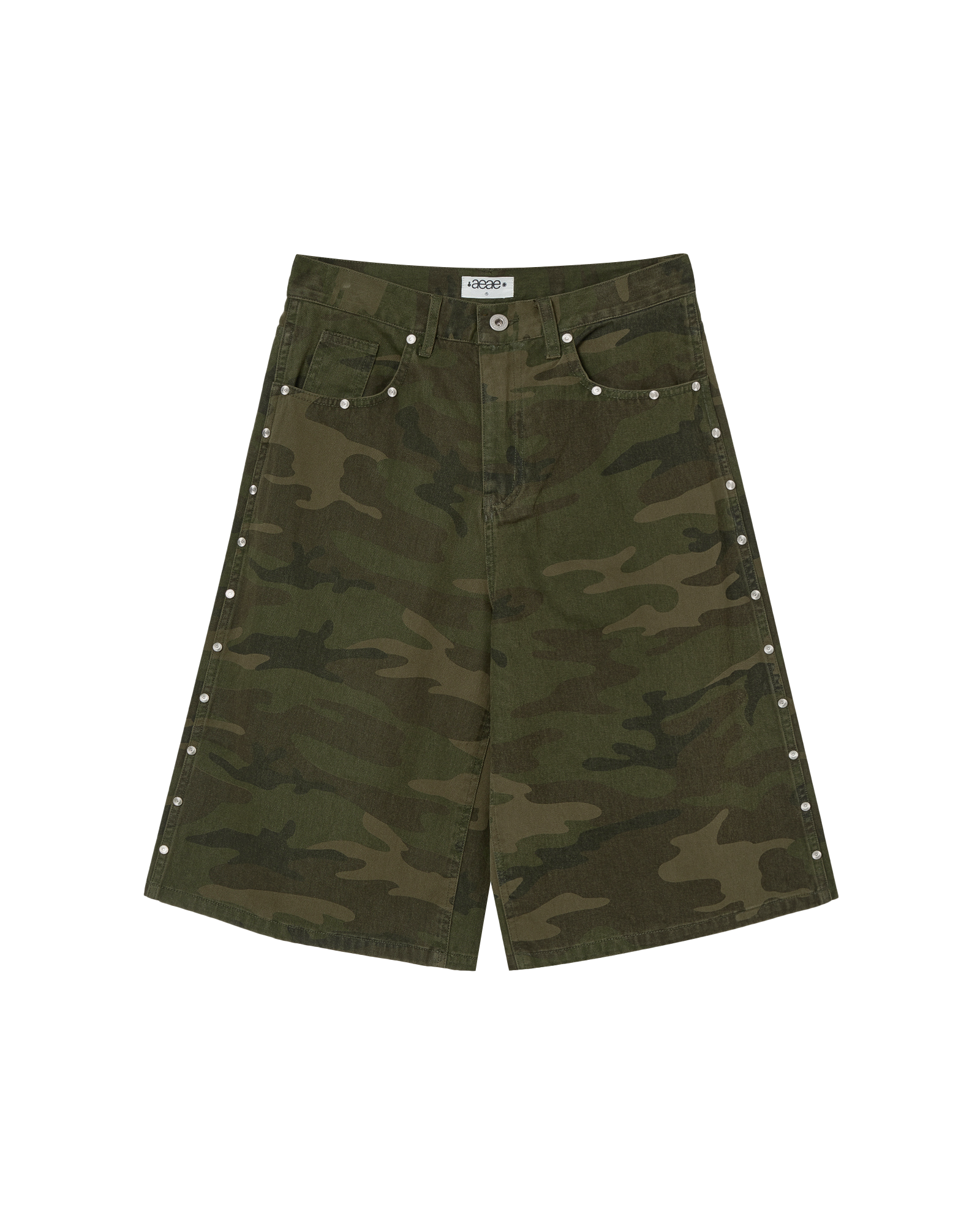 A pair of shorts in a camouflage print with silver studs on the side seams from Korean brand aeae, for sale at Shim House
