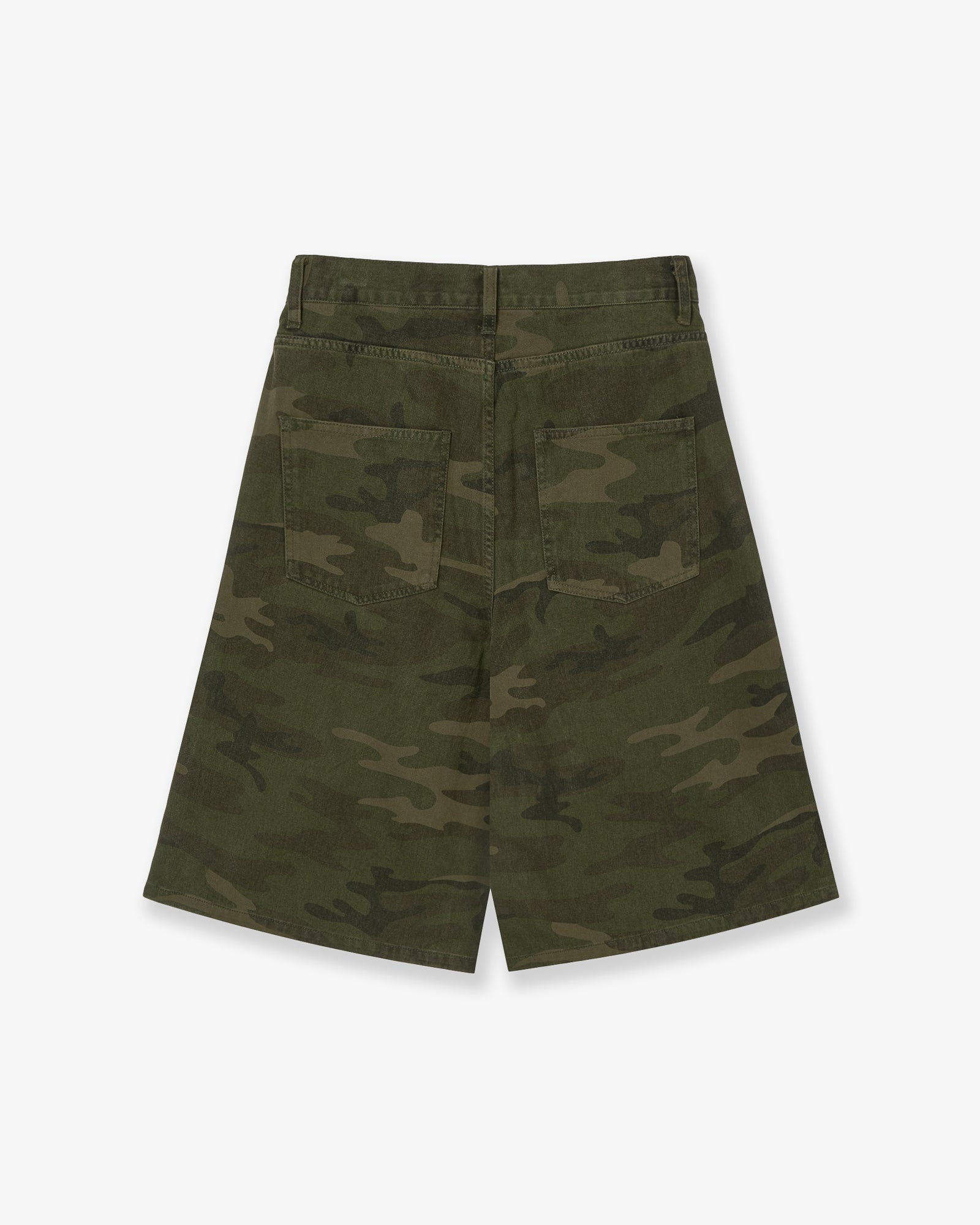 The back of a pair of shorts in a camouflage print with silver studs on the side seams from Korean brand aeae, for sale at Shim House