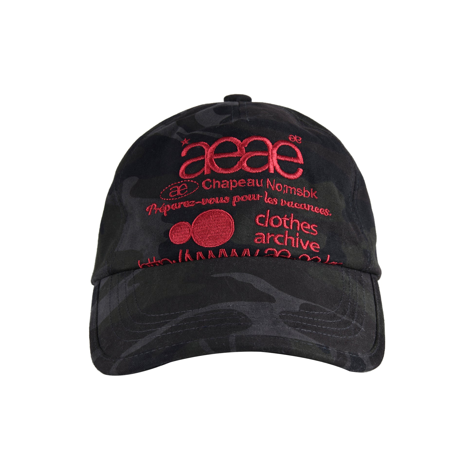 A 5 panel hat in a black camouflage print with red embroidery from Korean brand aeae, for sale at Shim House