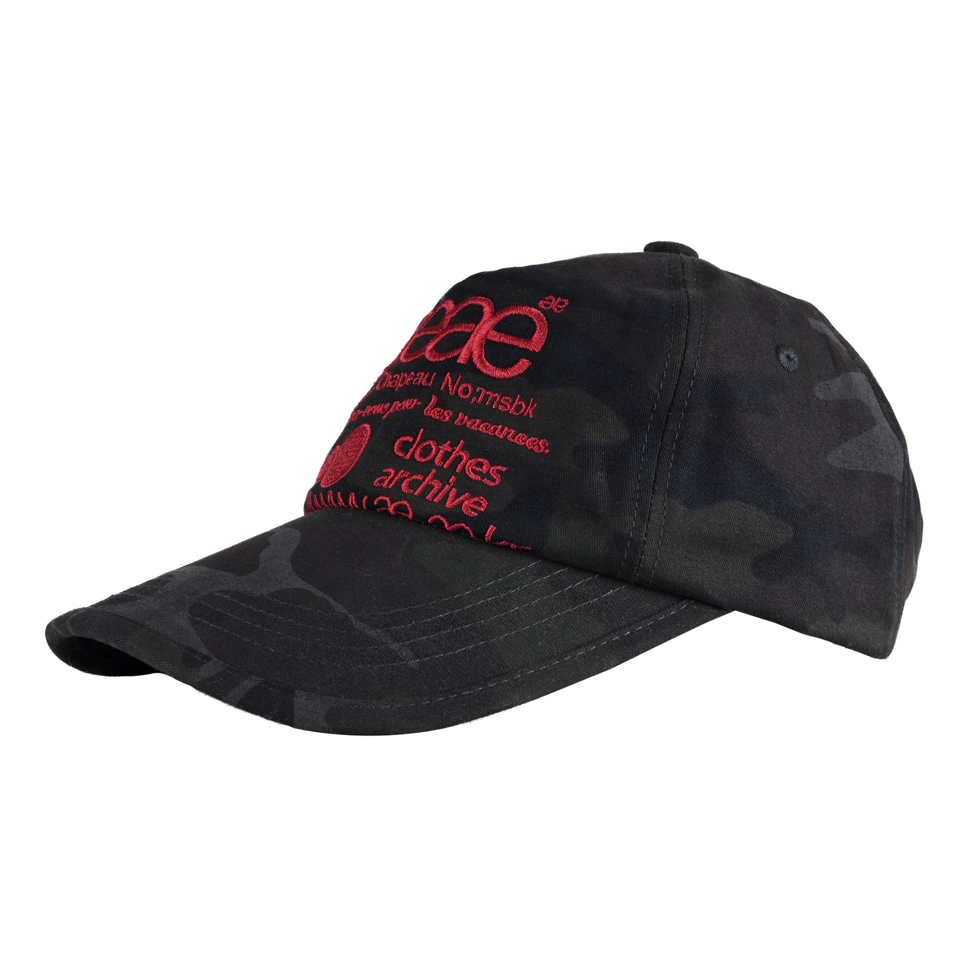 The side of a 5 panel hat in a black camouflage print with red embroidery from Korean brand aeae, for sale at Shim House