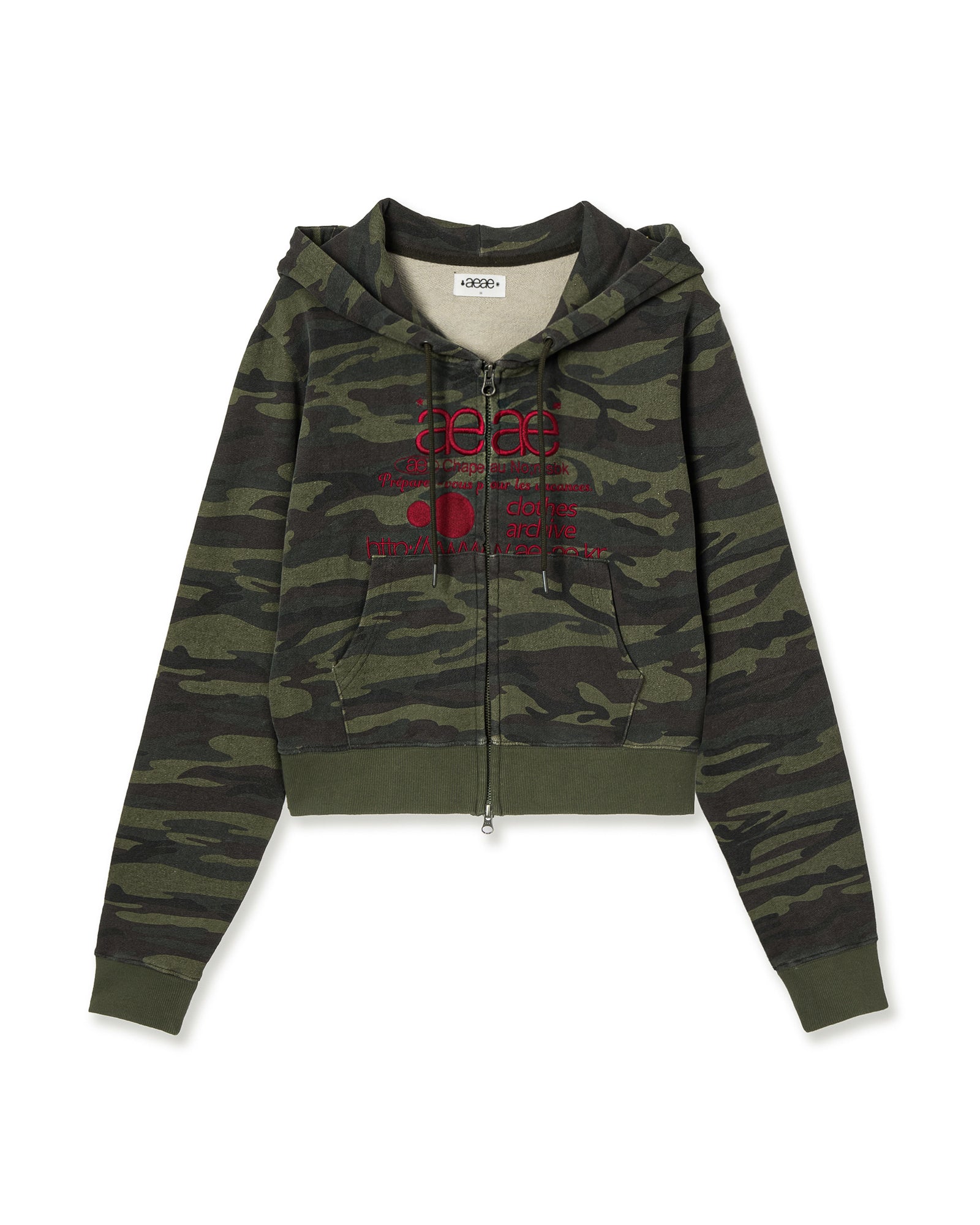 A cropped zip through hoodie that has a camouflage print and red embroidery from Korean brand aeae, for sale at Shim House