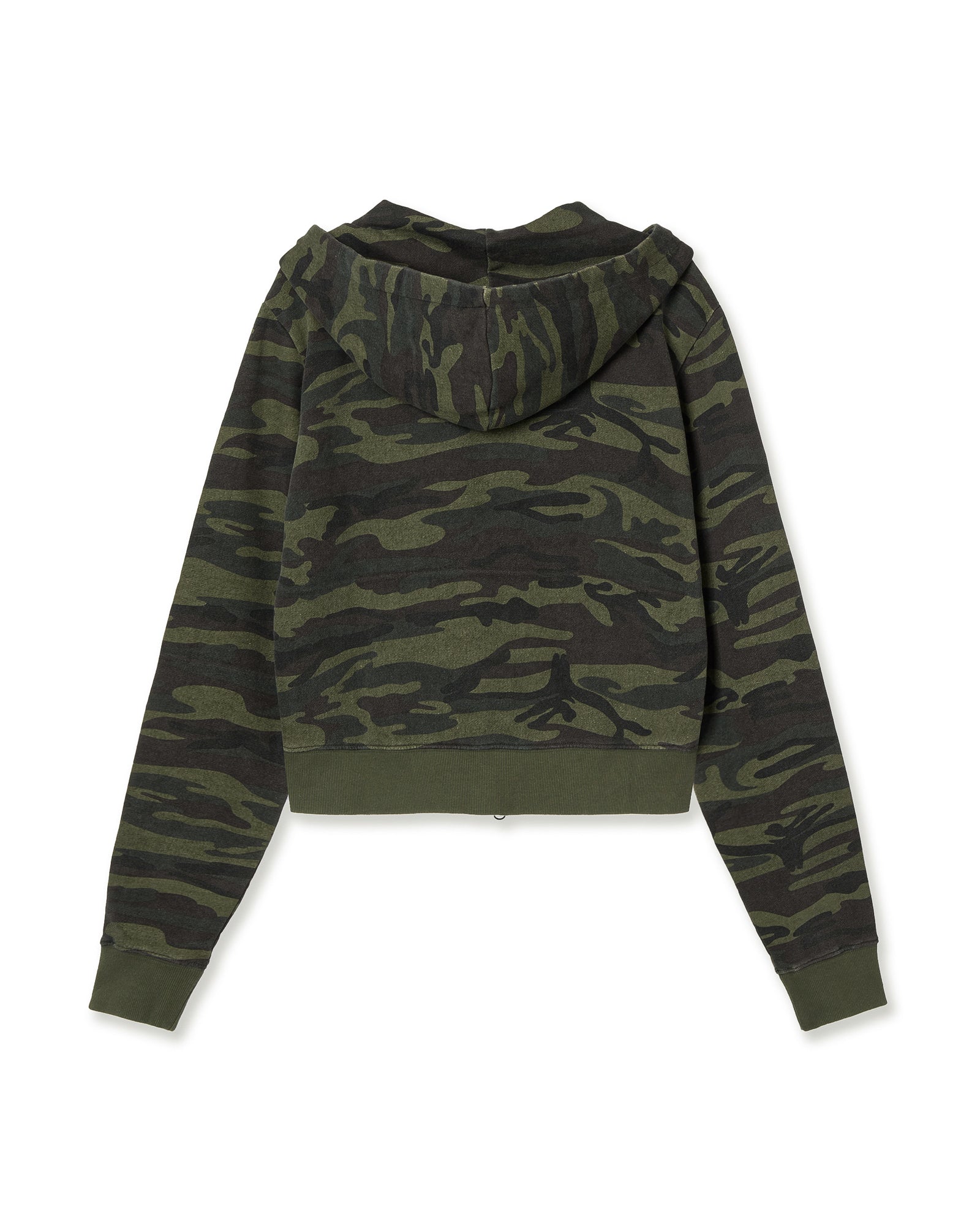 The back of a cropped zip through hoodie that has a camouflage print and red embroidery from Korean brand aeae, for sale at Shim House