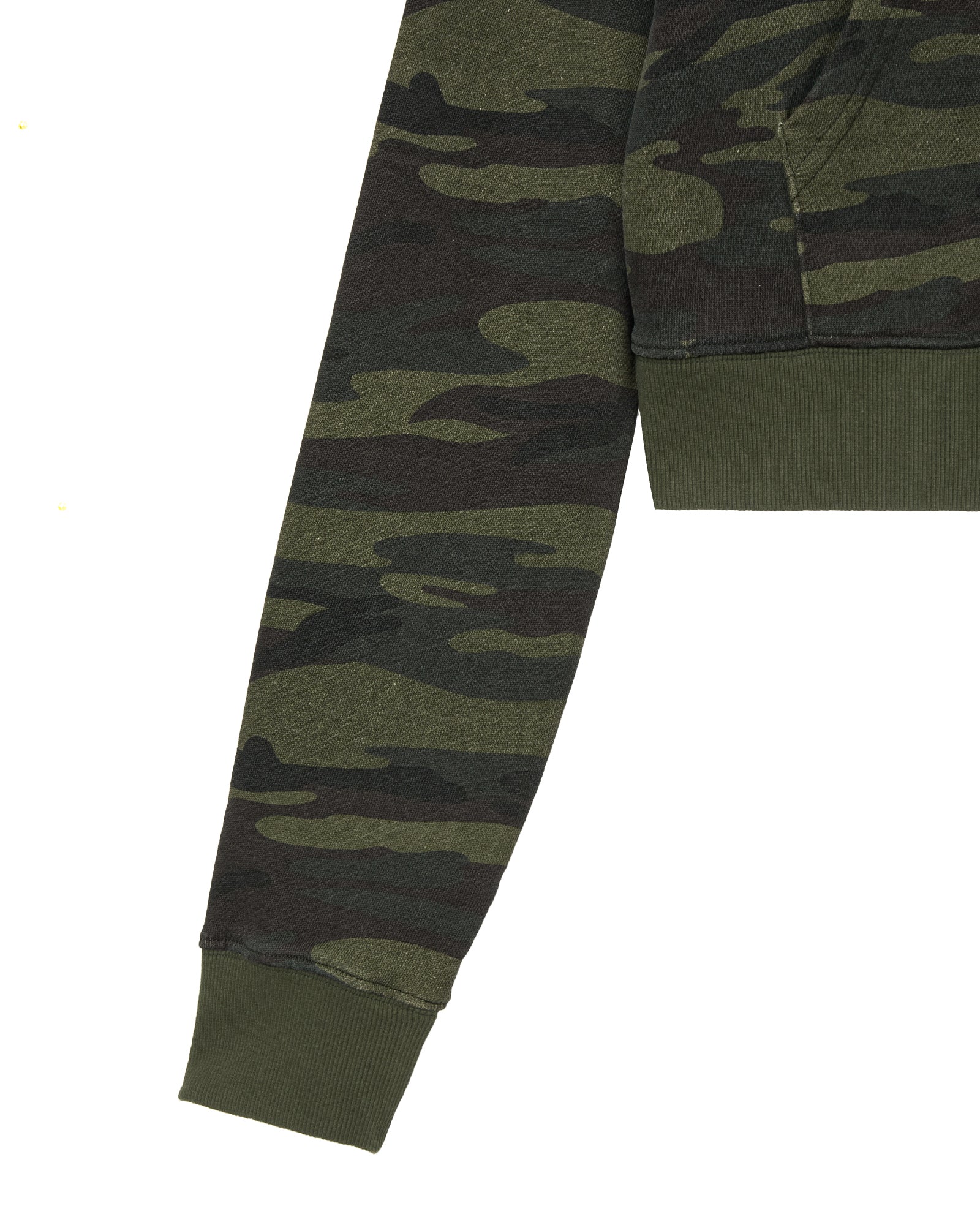 The sleeve of a cropped zip through hoodie in a camoflage print from Korean brand aeae. For sale at Shim House