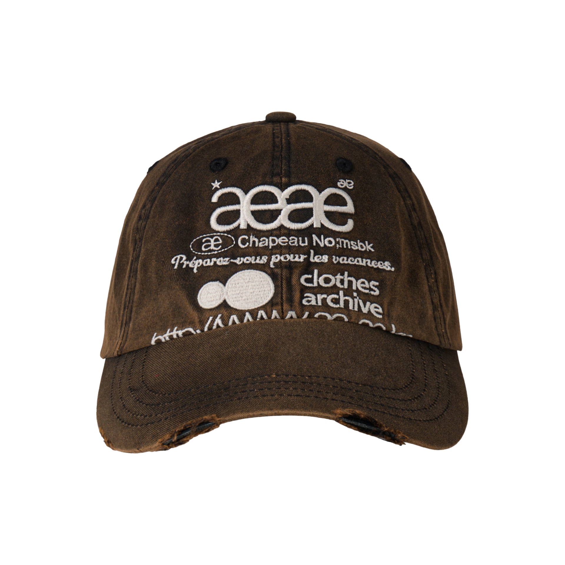 Brown cap from Korean brand aeae with distressed details and signature web logo design embroidery, for sale at Shim House