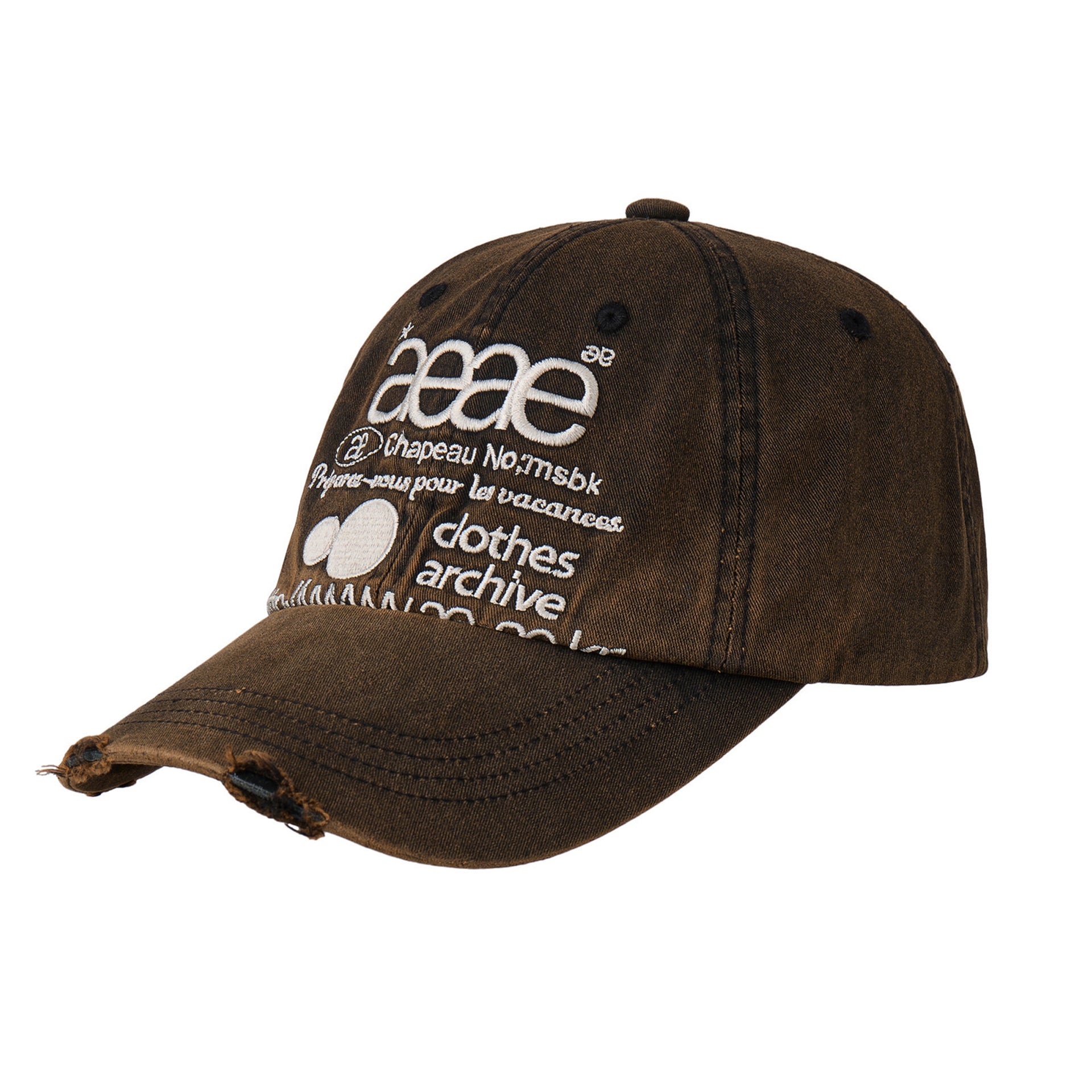 Brown cap from Korean brand aeae with distressed details and signature web logo design embroidery, for sale at Shim House