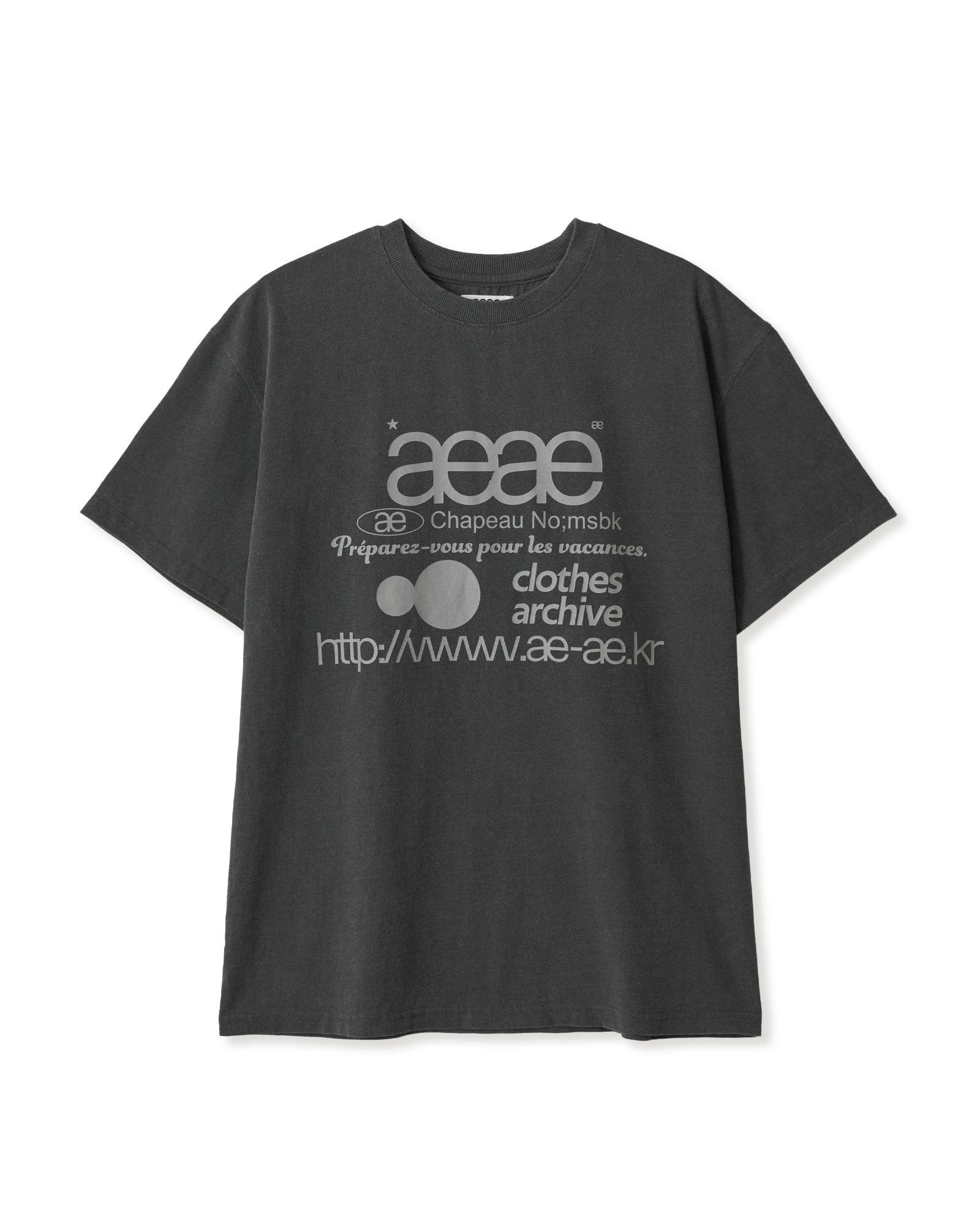 Pigment black short sleeve t-shirt from Korean brand aeae with signature web logo design print in a light grey colour, for sale at Shim House