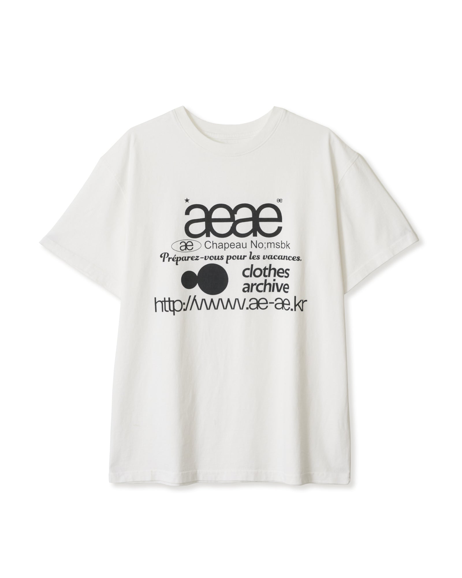 White t-shirt from Korean brand aeae with signature web logo design print in black, for sale at Shim House