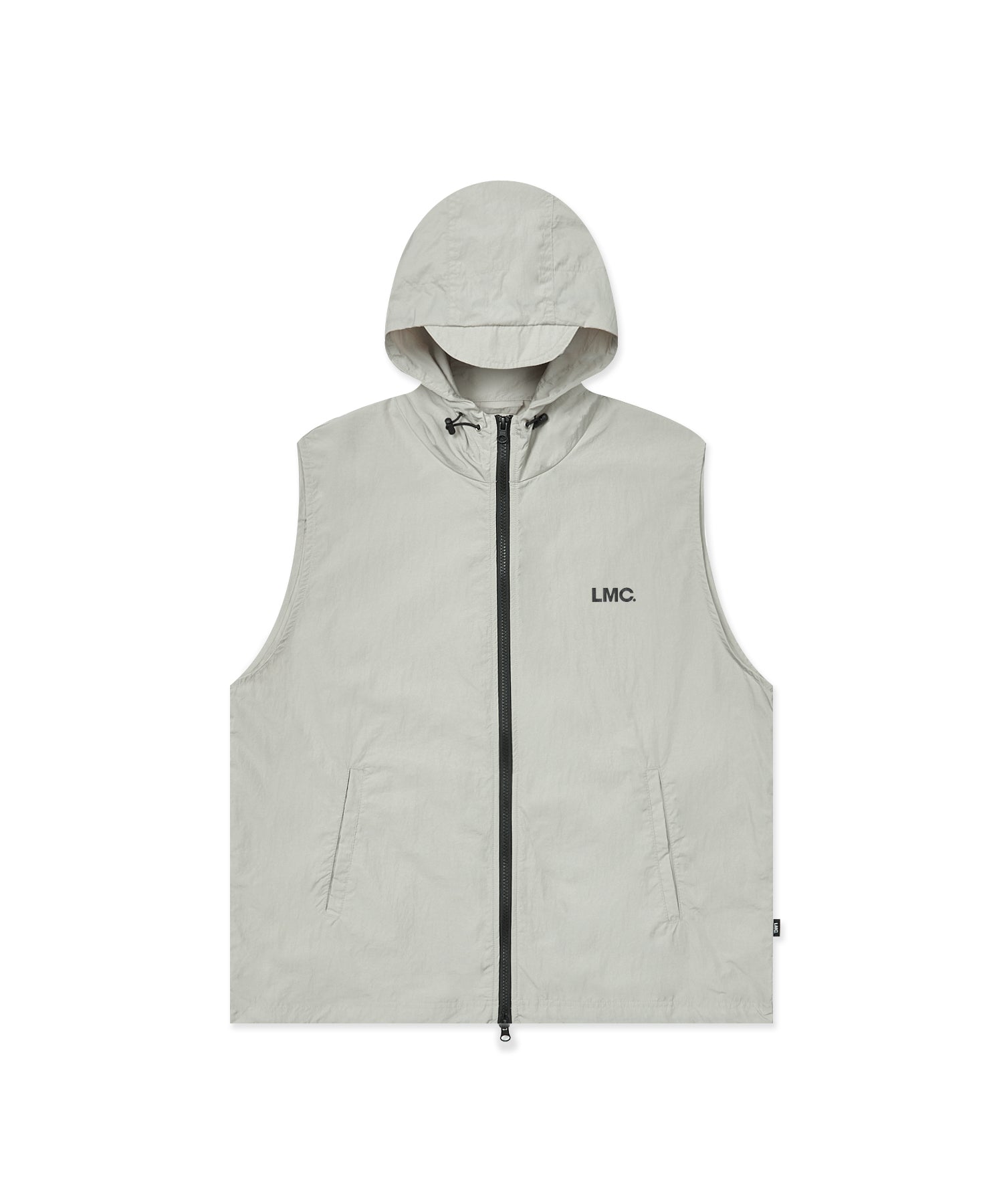 Light gray hooded vest with a LMC brand logo on a white background